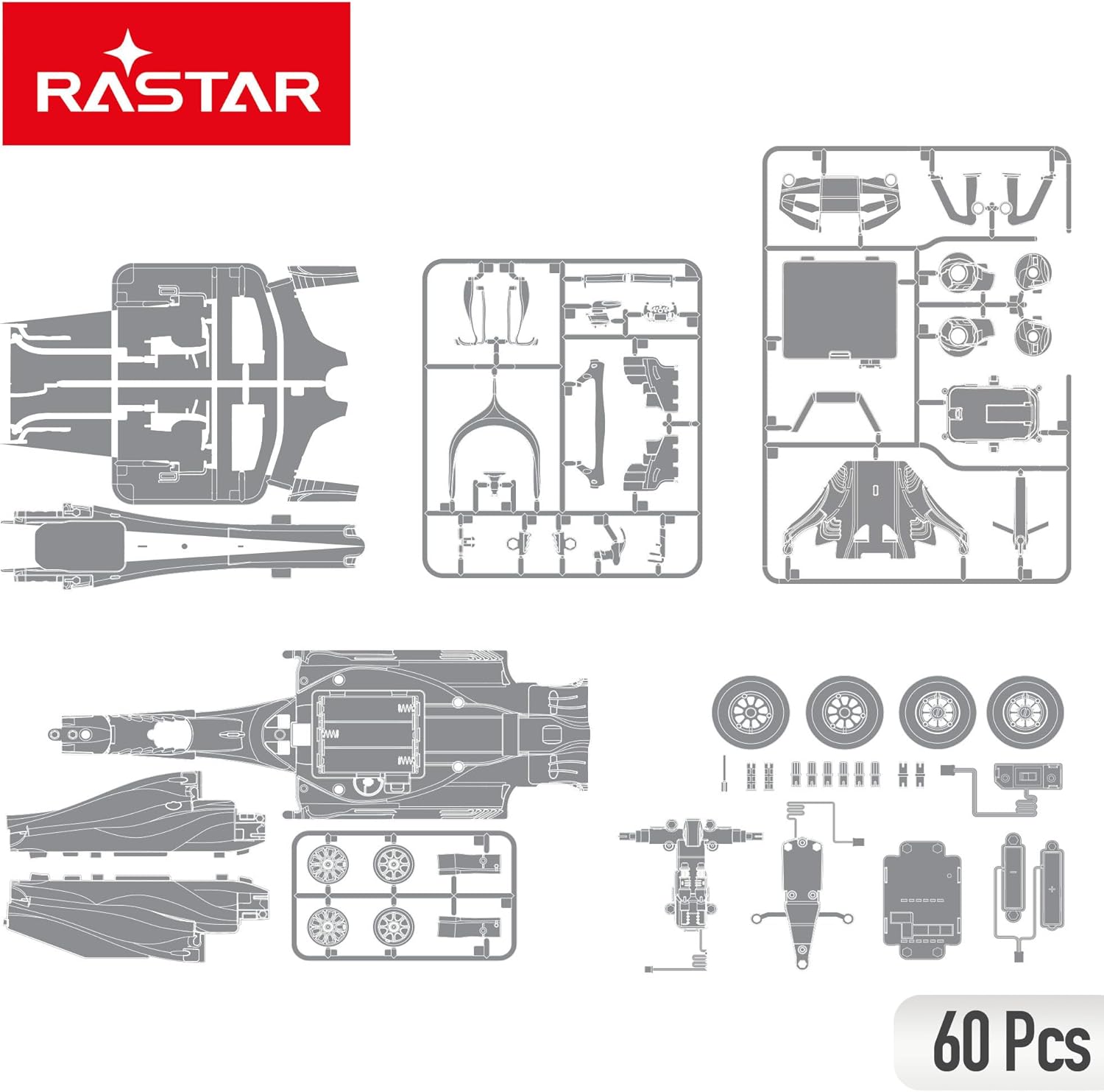 വിശദമായി view of the RASTAR Ferrari F1 SF1000 model kit components on plastic sprues.