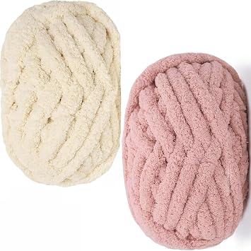 Chunky Yarn for Hand Knitting & Crochet,Chenille Wool 250g 88ft,Beige&Pink