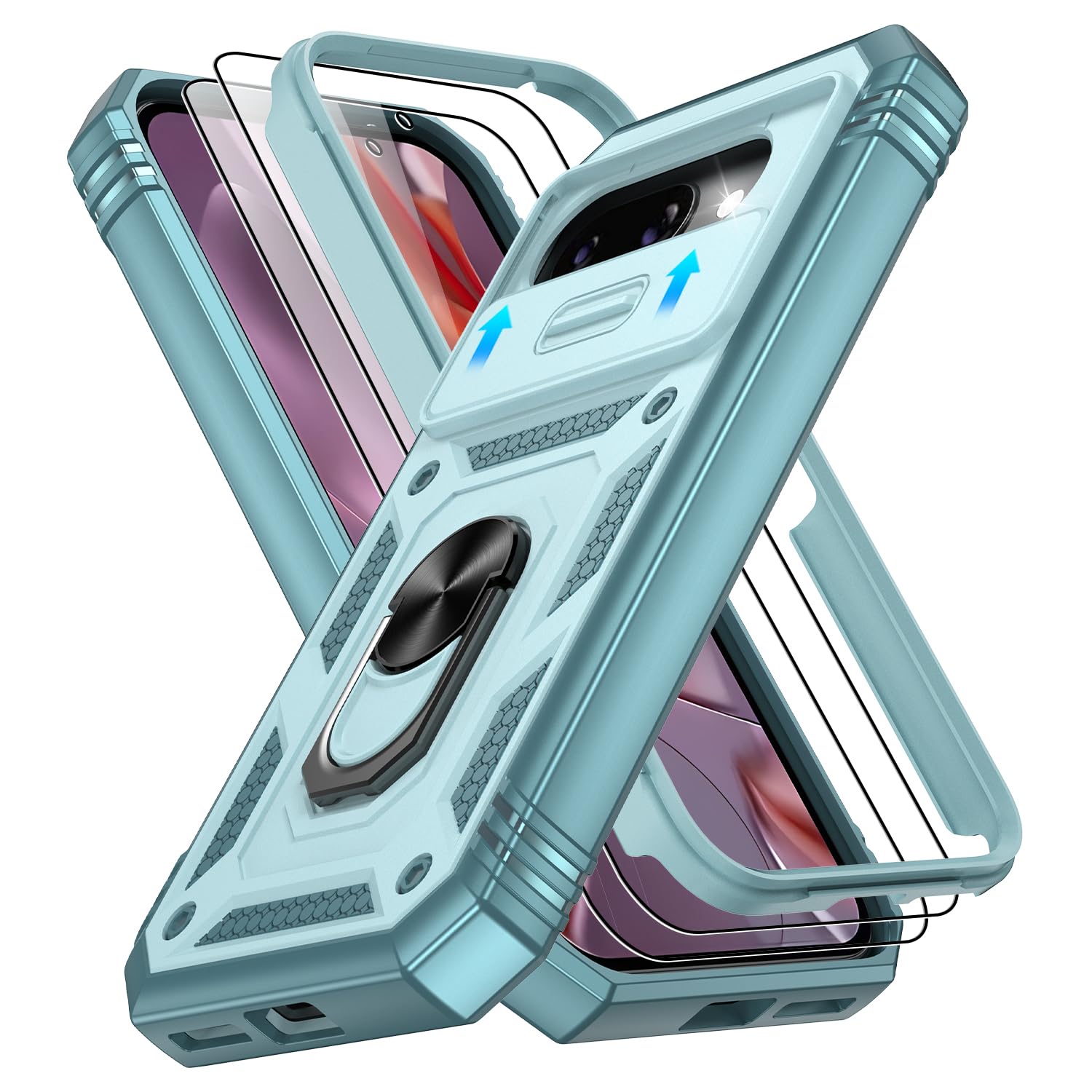Phone Case for Google Pixel 9A Case with with Slide Camera Cover | 2 Pack Screen Protector, Build in 360° Rotating Ring Kickstand, Military Grade