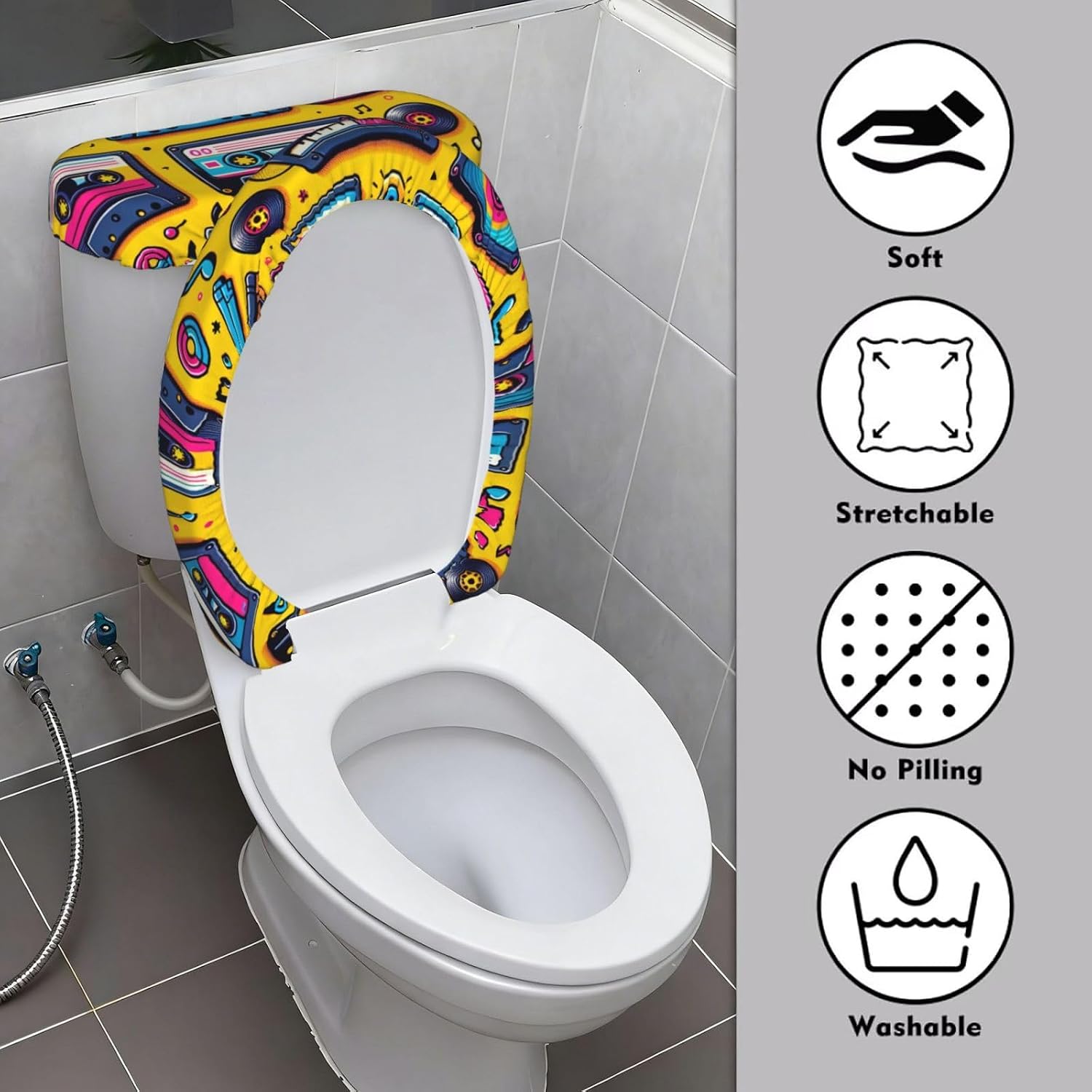 Cassette-Tapes-Retro-Music Toilet Lid Cover And Tank Cover Set Of 2, Stretch Soft Reusable Bathroom Toilet Seat Covers image 3