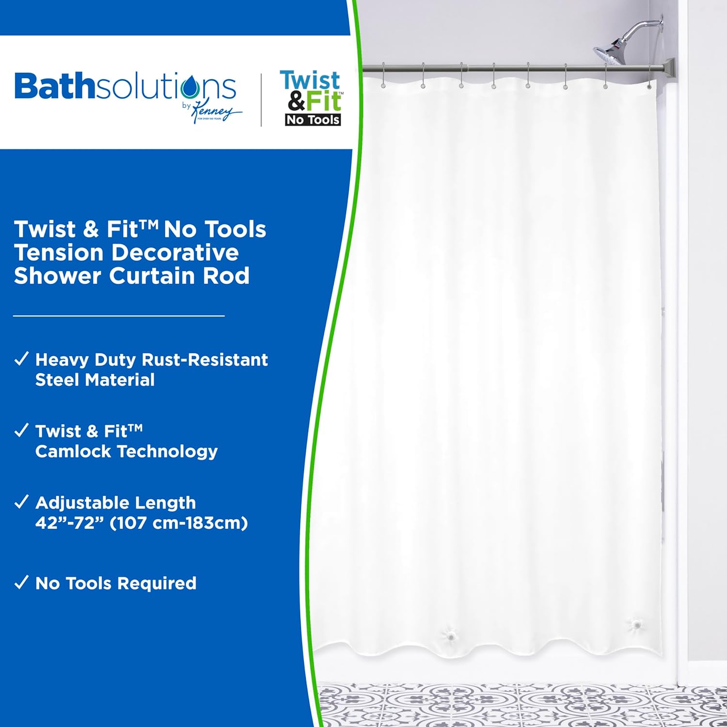 kenney kn60966 twist & fit no tools camlock tension easy install shower curtain rod with square non-slip, non-scratch ends, 42-72" adjustable length, pewter, 1" diameter rust resistant steel tube