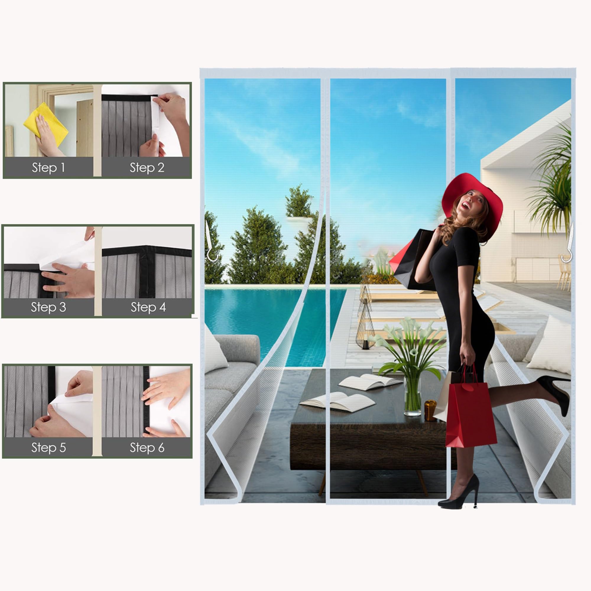 Mosquitera Cortina Puerta Magnetica 270x200cm Imantada Exterior Corredera, Antimosquitos con Imanes, Tela Mosquiteras de Ventanas para Puertas del Balcón, Magnético Automático Gris
