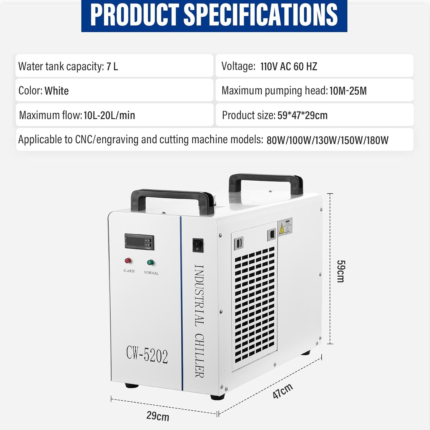 7L Industrial Water Chiller,Water Chiller for Cold Plunge CW-5200DH 0.9HP 3.43gpm Water Cooling System for 80W/100W/130W/150W/180W CO2 Laseres Engraving & Cutting Machines, Cools 5699 BTU/Hour