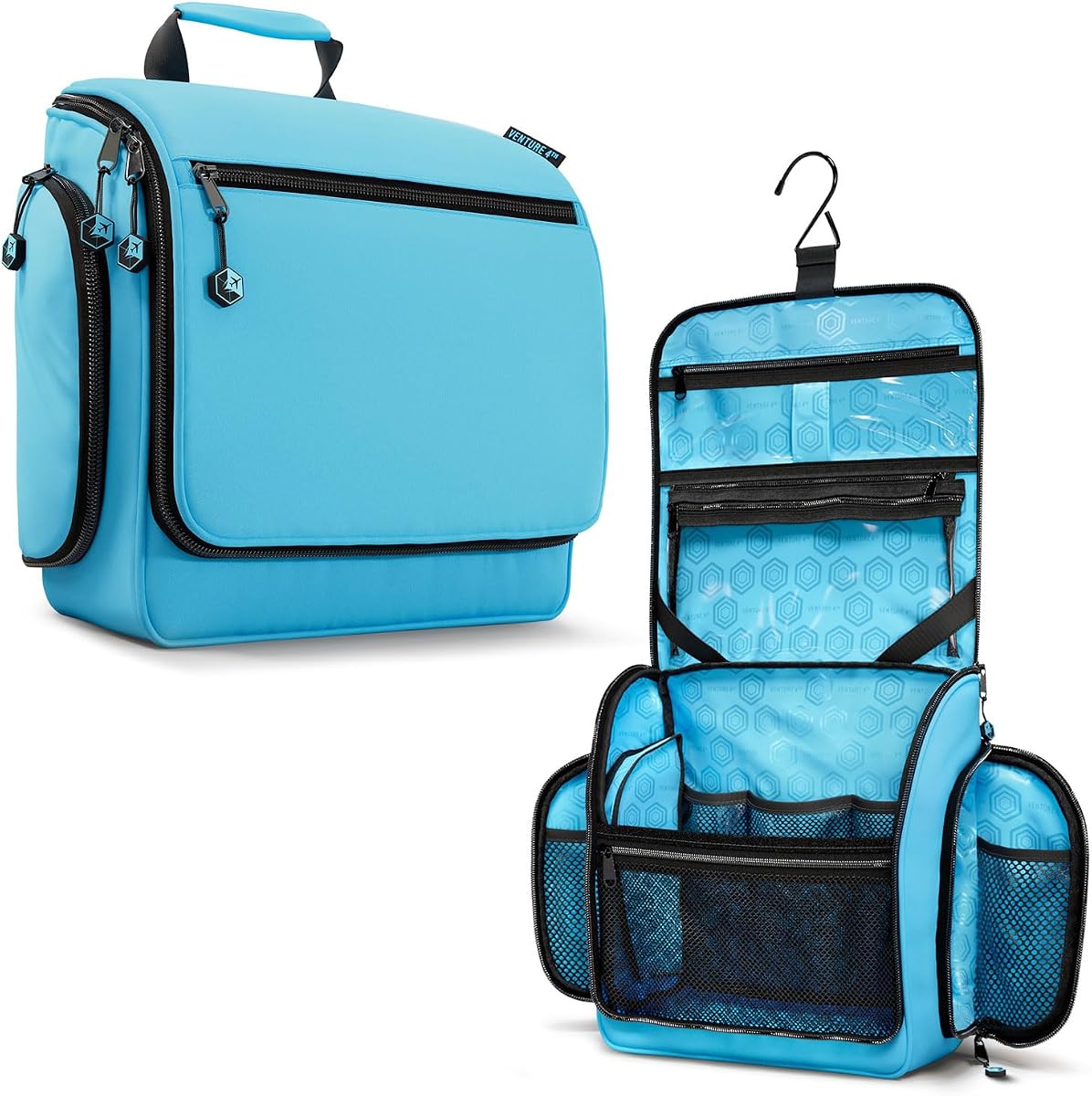 VENTURE 4TH Hanging Travel Toiletry Bag 18 Compartments - Tiffany Blue | Hangs on rails, hooks or doors; stands upright. Removable TSA pouch. Water-resistant Nylon 290D Twill, reinforced stitching.