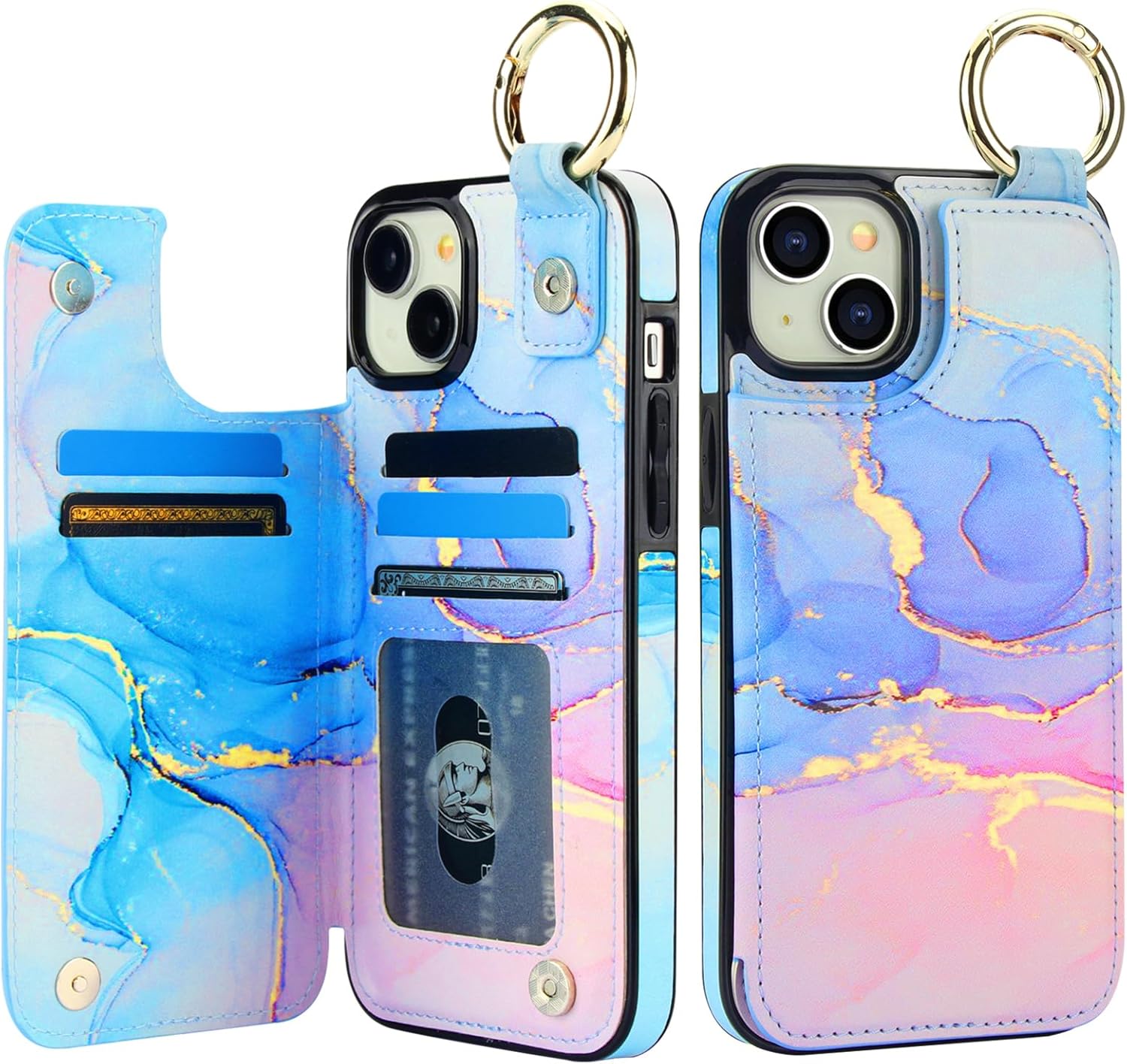 HAOPINSH for iPhone 15 Plus Wallet Case with Card Holder, Pink Blue Marble Print Back Flip Folio PU Leather Kickstand Card Slots Case, Finger Grip Ring Double Magnetic Clasp Shockproof 6.7"