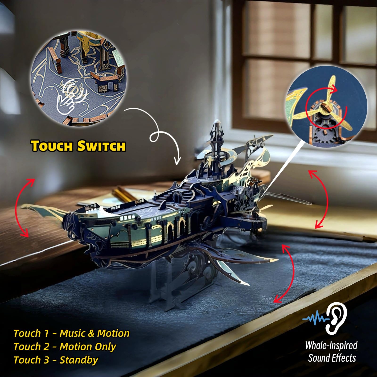 Vintage Steampunk DIY mechaniczne puzzle 3D - Wieloryb Arka Wszechświata zestaw modelowy z ruchomymi skrzydłami - śmigła i dźwięk wieloryba, statek kosmiczny Fantasy Atlantis (Dawn PLATINUM WHITE)