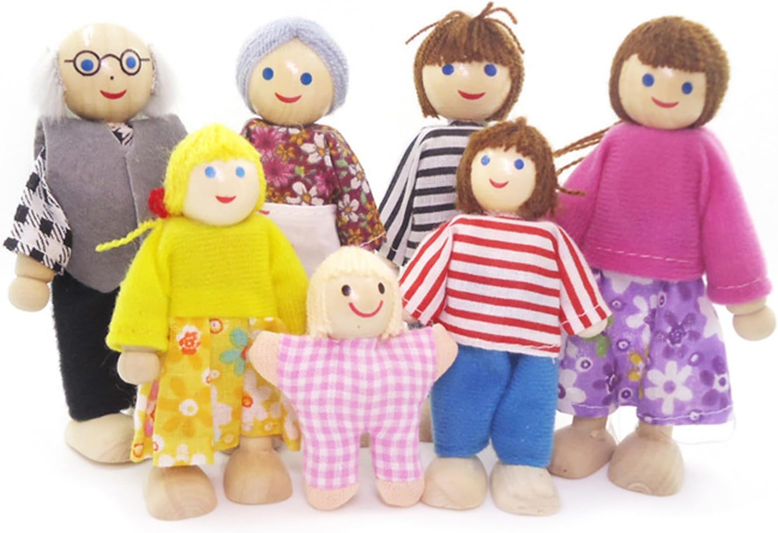 Sets of 7 People Wooden Dolls House Family Doll Toys, Lovely Happy Family Playset, DollHouse Accessories, Wooden DollHouse Dolls People Playset for Doll House