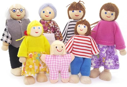 BDSHUNBF Sets of 7 People Wooden Dolls House Family Doll Toys, Lovely Happy Family Playset, DollHouse Accessories, Wooden DollHouse Dolls People Playset for Doll House