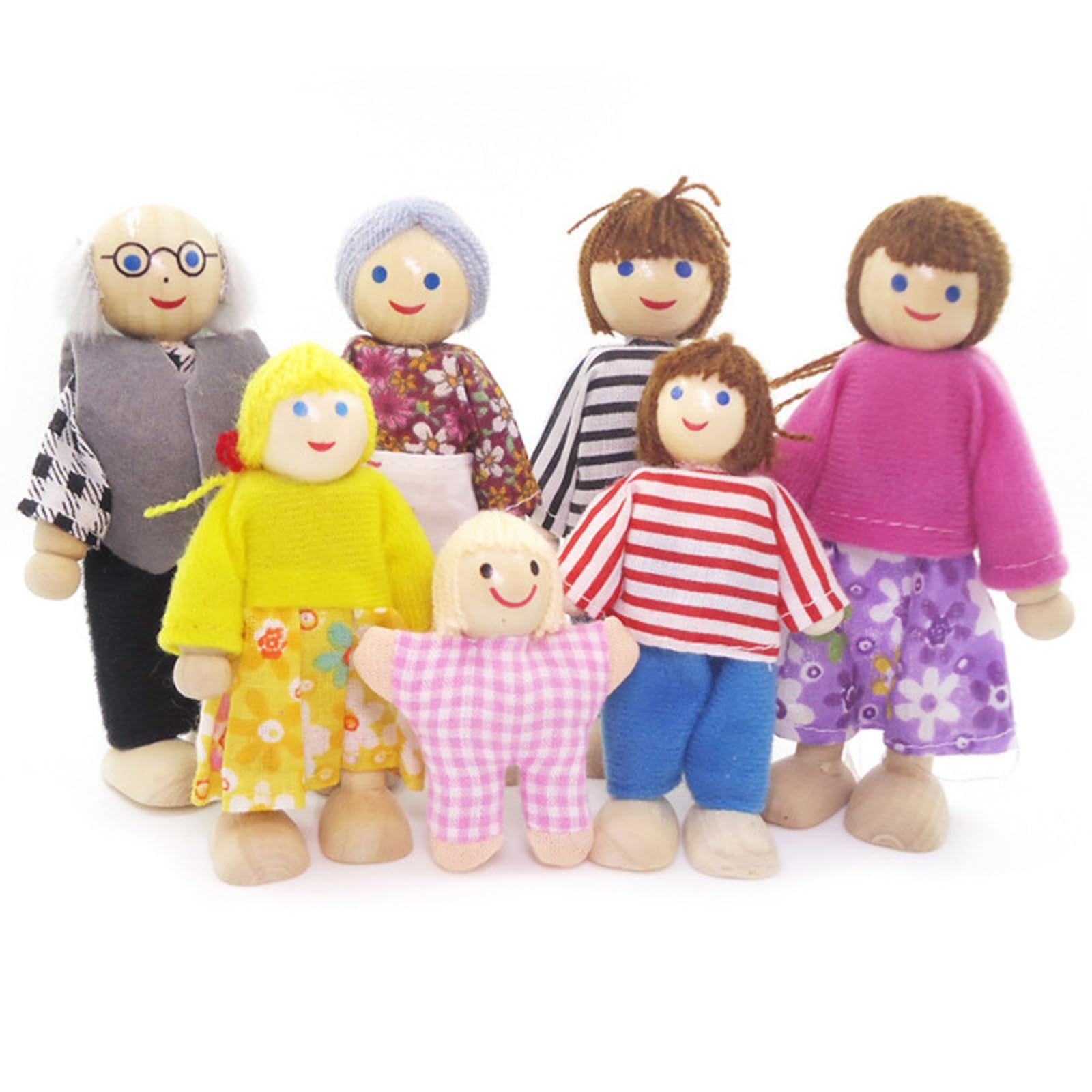 BDSHUNBF Sets of 7 People Wooden Dolls House Family Doll Toys, Lovely Happy Family Playset, DollHouse Accessories, Wooden DollHouse Dolls People Playset for Doll House