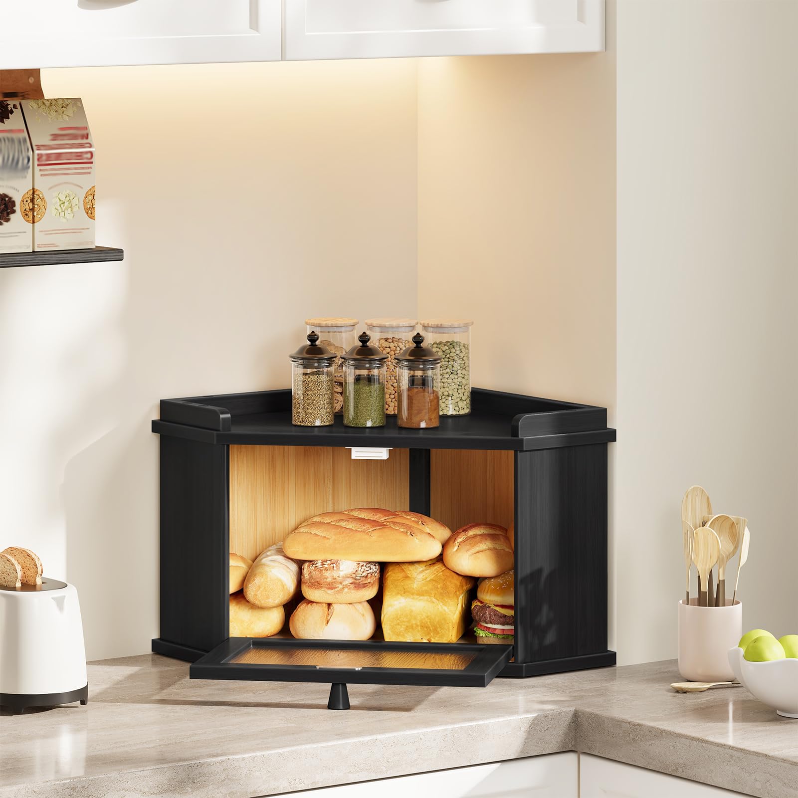 HOOBRO Panera Esquinera de Bambú con Diseño de Ondas de Agua, Caja de Almacenamiento de Pan, para Alimentos, para Cocina y Comedor, 32 x 32 x 24 cm, Negro EBK18MB01
