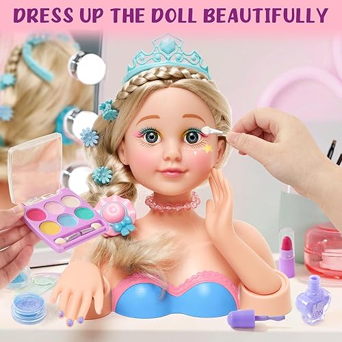 Miniatura 7 de Golray Kit de maquillaje de cabeza de muñeca para peinar, arte de uñas, juguetes para niñas, juguete de peluqueríacosméticos reales, secador de