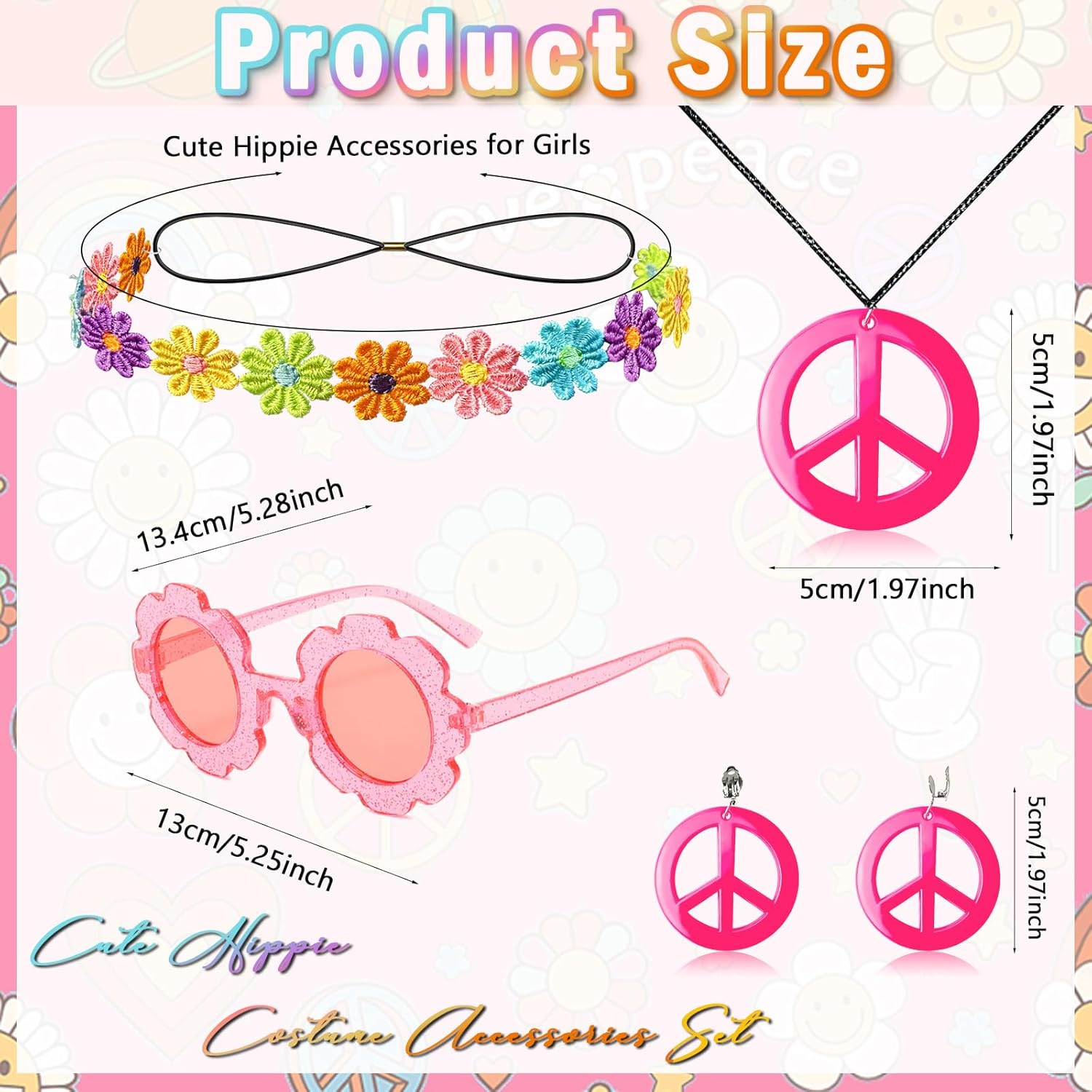 60s 70s Outfits for Kids Girls 7 Pcs Hippie Costume Set Fringe Vest Peace Flared Pants Accessories Set for Halloween - Image 3