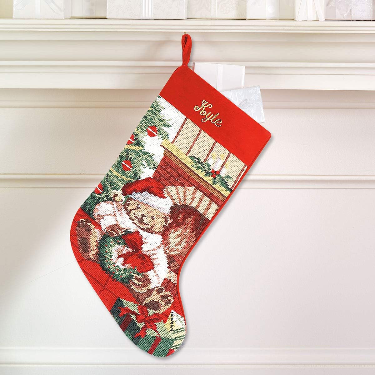 Lillian Vernon Personalized Heirloom Christmas Stocking Needlepoint Teddy Bear, 100% Wool, 9.5" W x 17" L