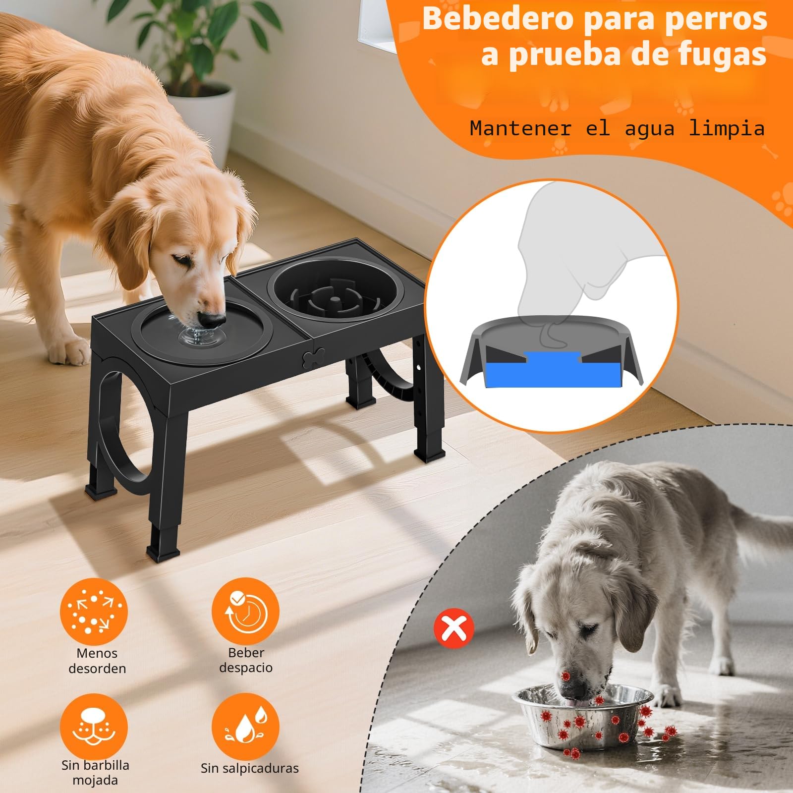 X XBEN 3-in-1 Comedero Perro Elevado de 5 Alturas Ajustables, 1,4L Bebedero Perro Antigoteo, 1L Comedero Antivoracidad,Comederos Elevados para Medianos y Grandes,Plegable y Antideslizante