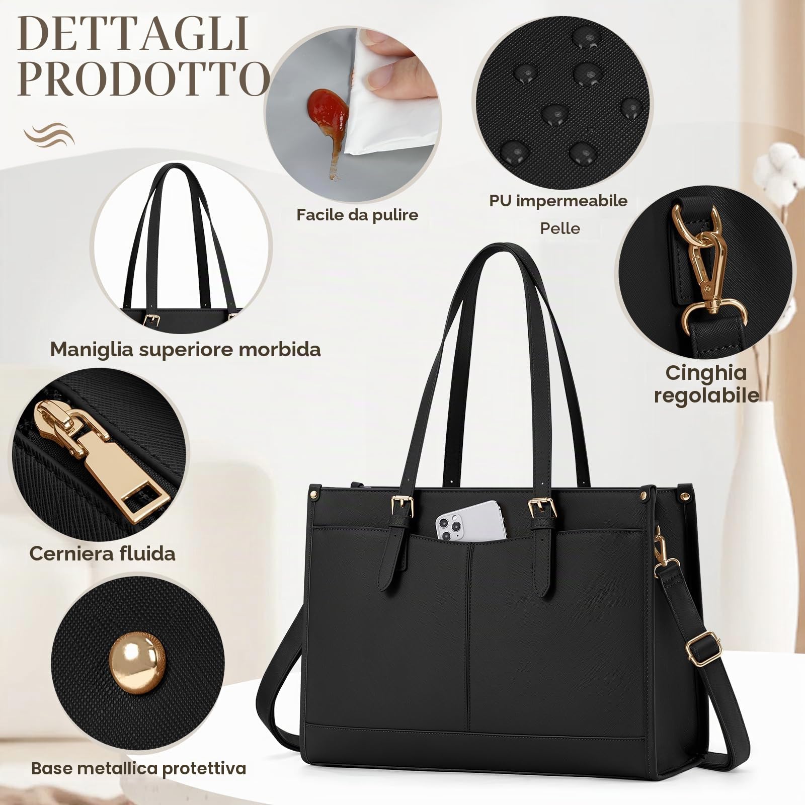 RAINSMORE Borsa Lavoro Donna con Scomparto Pranzo Isolato Grande Borsa Porta PC 15.6 Pollici Impermeabile Borse Tote Pelle PU per Università Ufficio Shopper