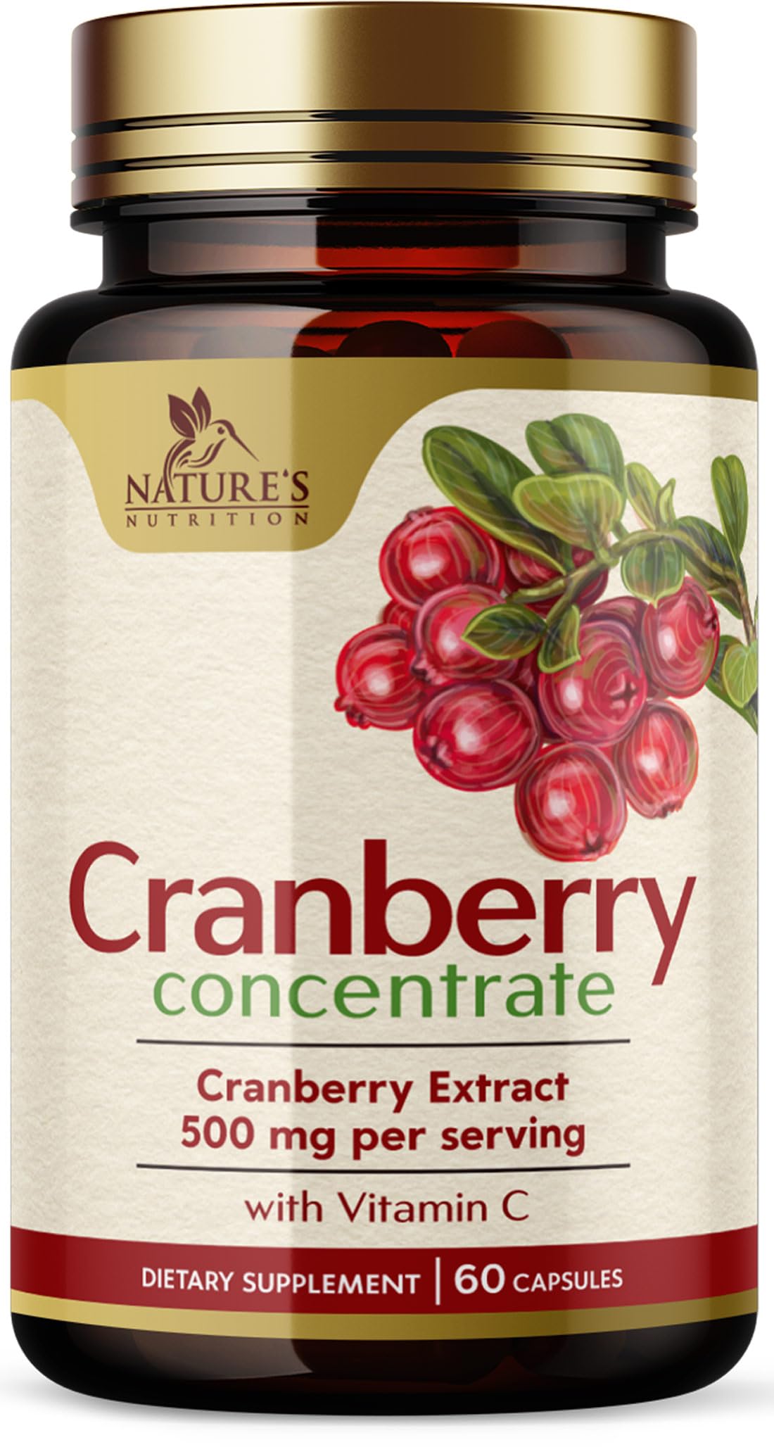 Cranberry Extract Pills 500mg Supplement - Cranberry Concentrate Extract with Vitamin C - Urinary Tract Health Bladder Support, Sugar Free Formula, Fruit Powder Extract - Bottled in USA - 60 Capsules 60 Count (Pack of 1)