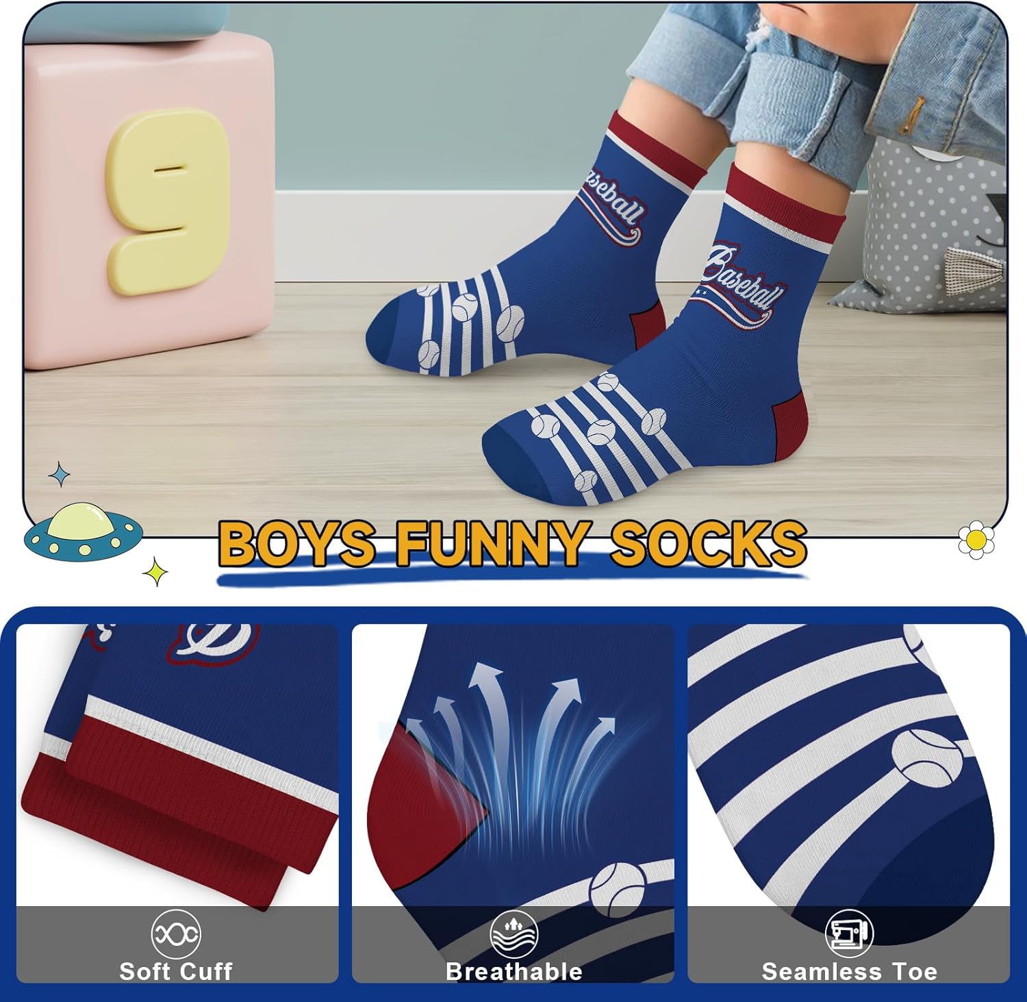 6 Pairs Kids Boys Socks Cartoon Baseball Stripes Five-pointed star Red Blue Breathable Crew Sock aged for 2-11Years - Image 4