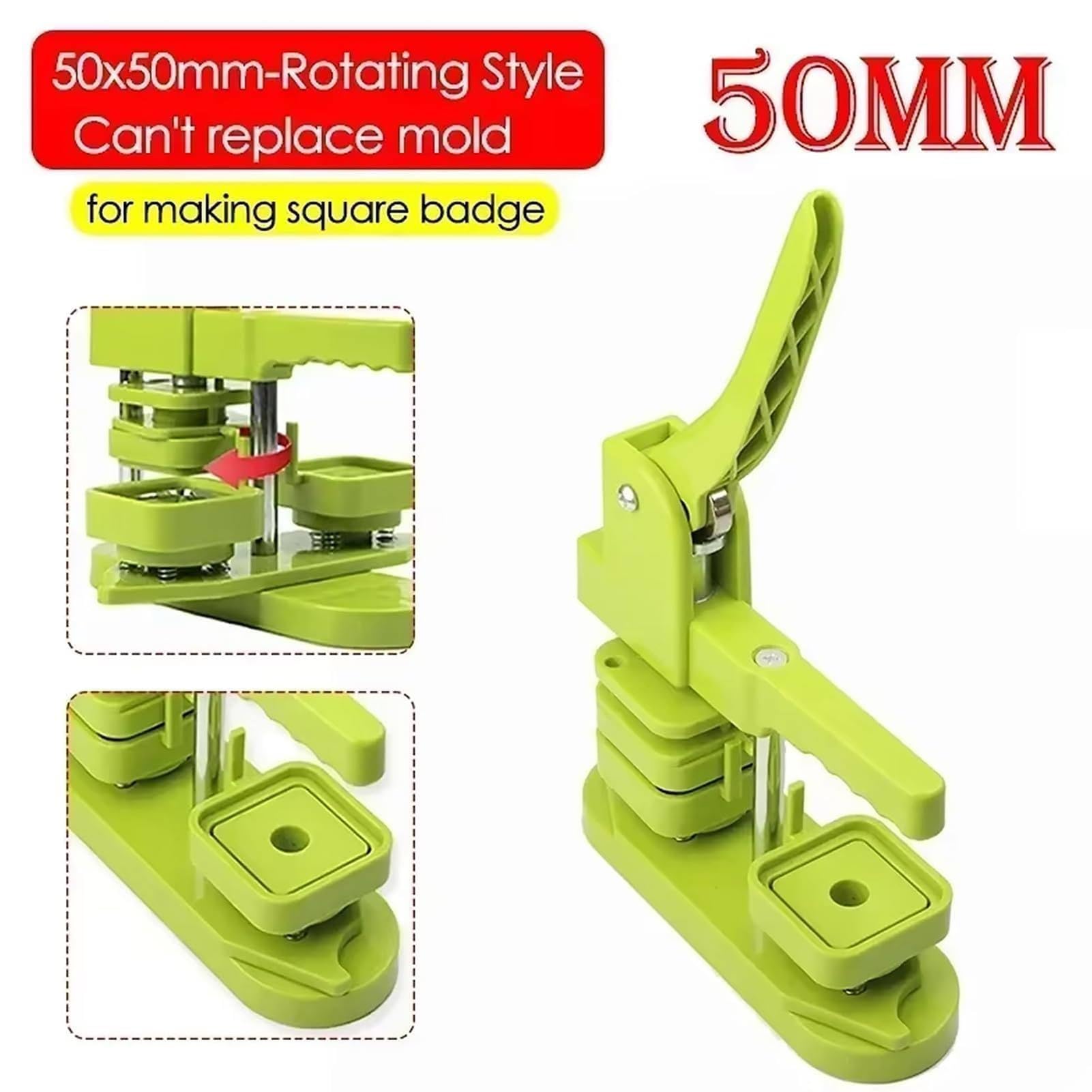 Przyrząd do przypinania, DIY kwadratowy magnes na lodówkę odznaka przycisk, 50 x 50 mm prasa do lodówki obrotowa ręczna robota, maszyna do prasowania przycisków z 100 zestawami kwadratowych magnesów