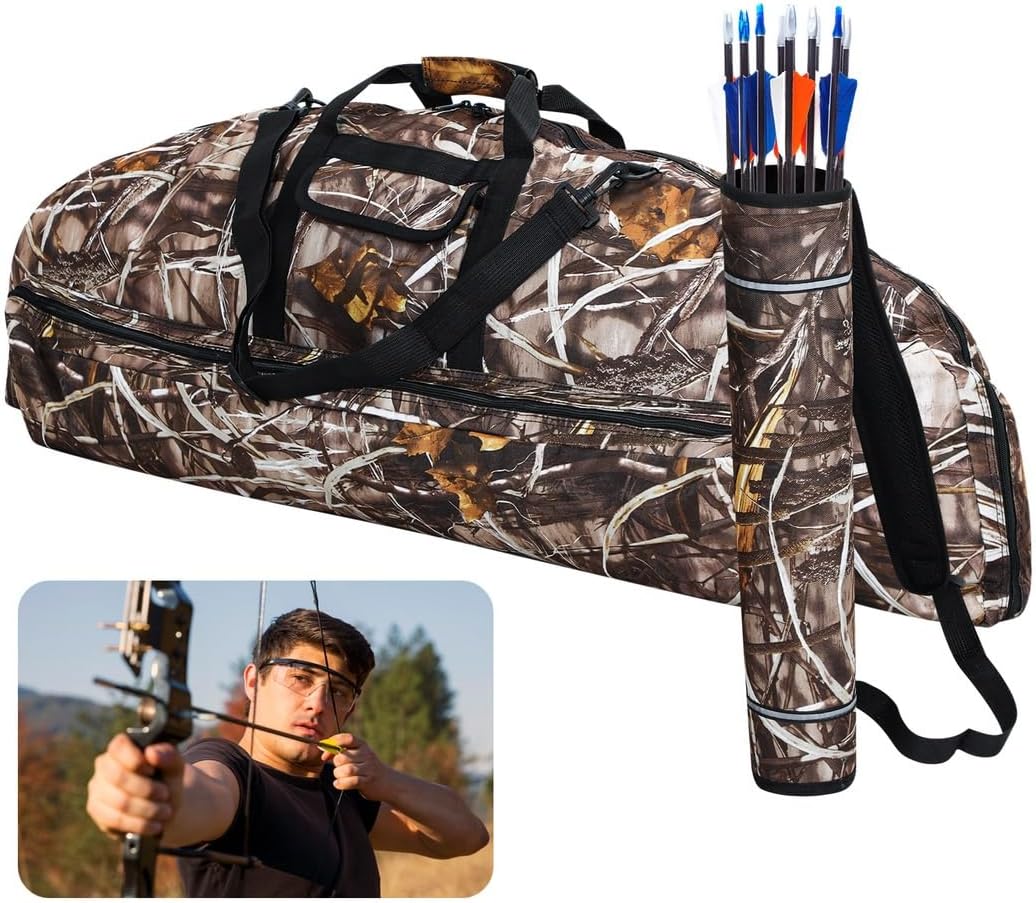 Compound Bow Case & Arrow Quiver with Multiple Pockets, Cushioned Bow Carrying Bag, Portable with Adjustable Straps and Handles