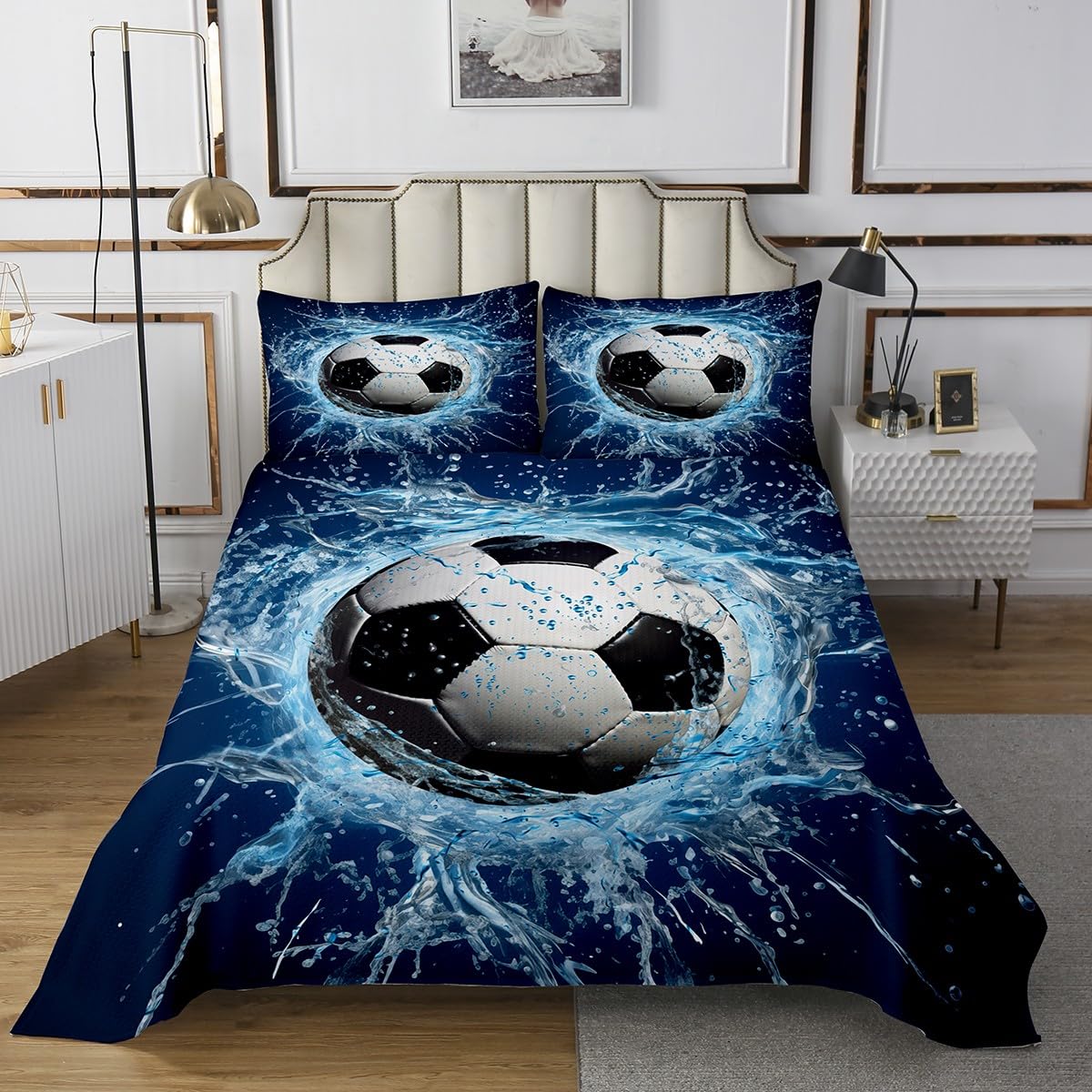Homemissing Set di biancheria da letto per bambini con copriletto trapuntato blu a tema calcio, per ragazzi e ragazze, con stampa 3D, per donne e uomini, a tema sportivo, con 2 federe
