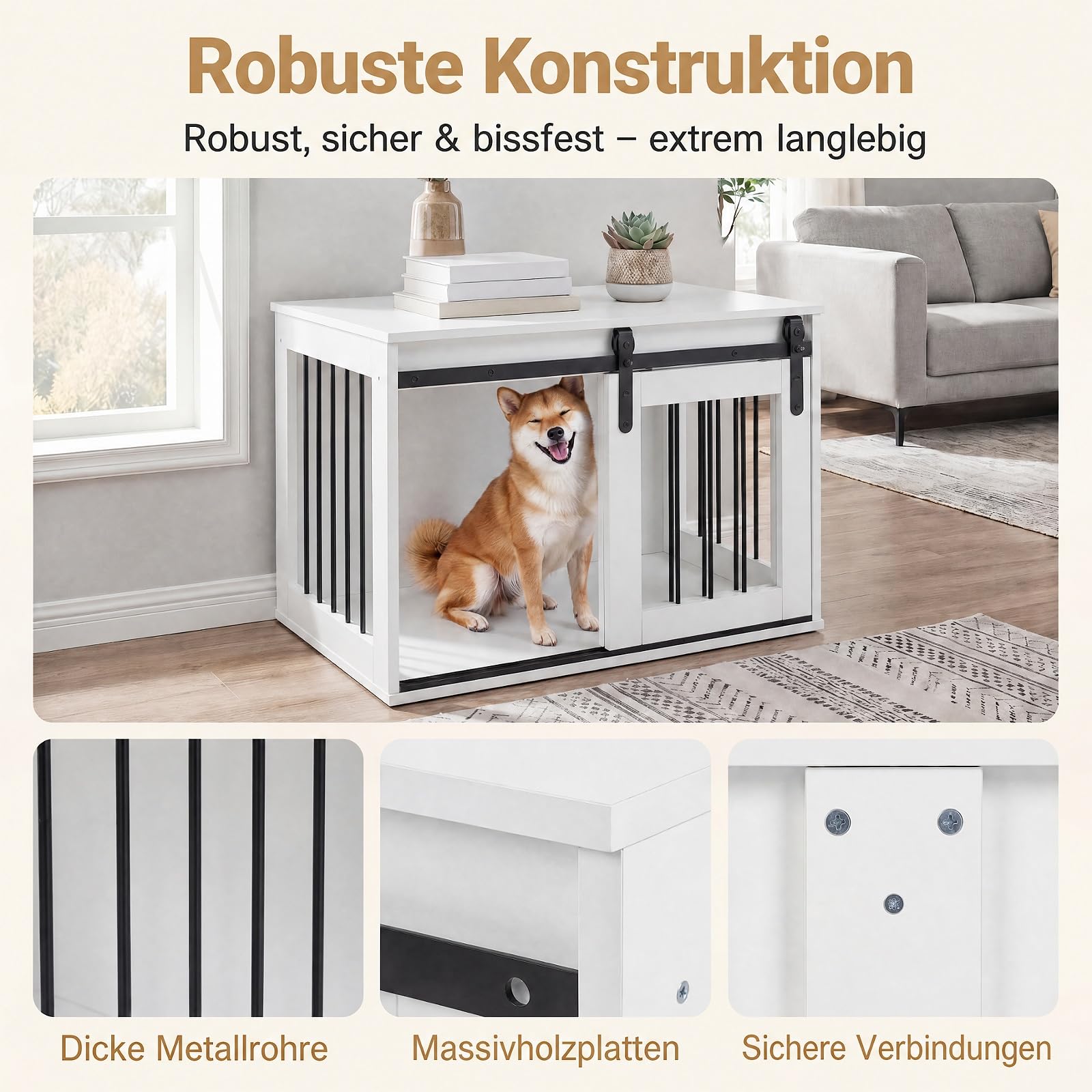 DREAMADE Hundekäfig für Zuhause, Hundebox Holz & Metall (Weiß) | Hundekäfig Möbel mit abschließbarer Schiebetür, Hundeschrank als Beistelltisch für kleine & mittelgroße Hunde, für Wohnzimmer