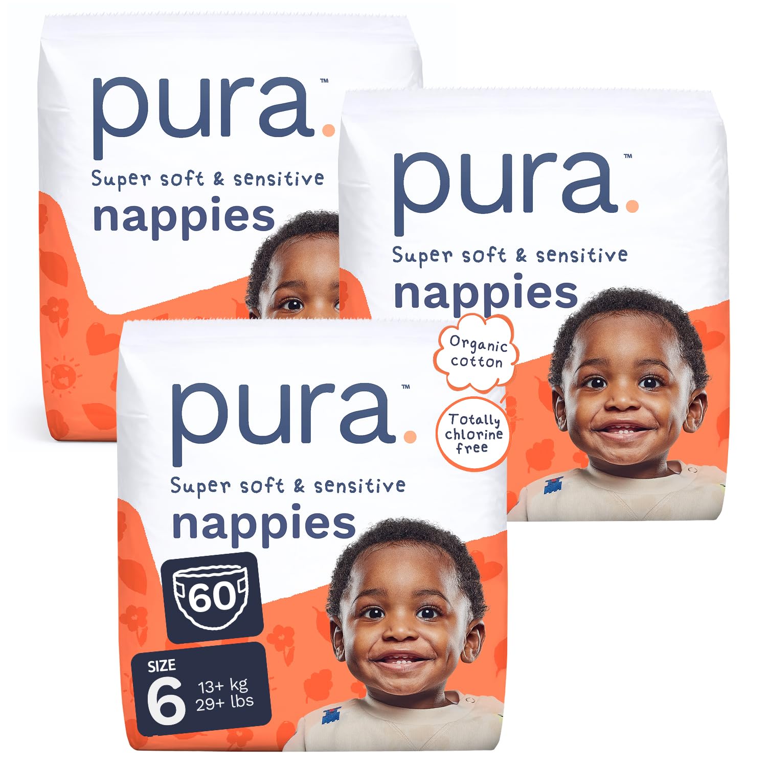 Pura Baby Nappies Size 6, 60 Count, 13kg+/26+lbs, Cloud Soft Premium Nappies for Hypoallergenic & Sensitive Skin, Toxin-Free*, Blowout Blocker™, Up to 12 Hours Leak Protection
