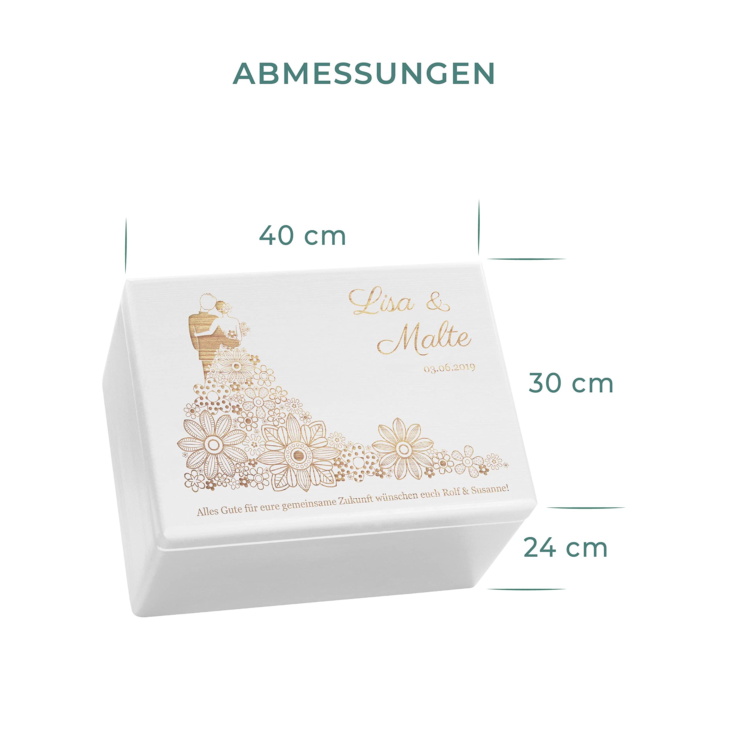 LAUBLUST Holzkiste zur Hochzeit - Personalisierte Hochzeitskiste Erinnerung - Blumenkleid | Geschenkkiste Personalisiert mit Gravur - FSC® (Weiß ohne Verschluss, ca. 40 x 30 x 24 cm | XL)