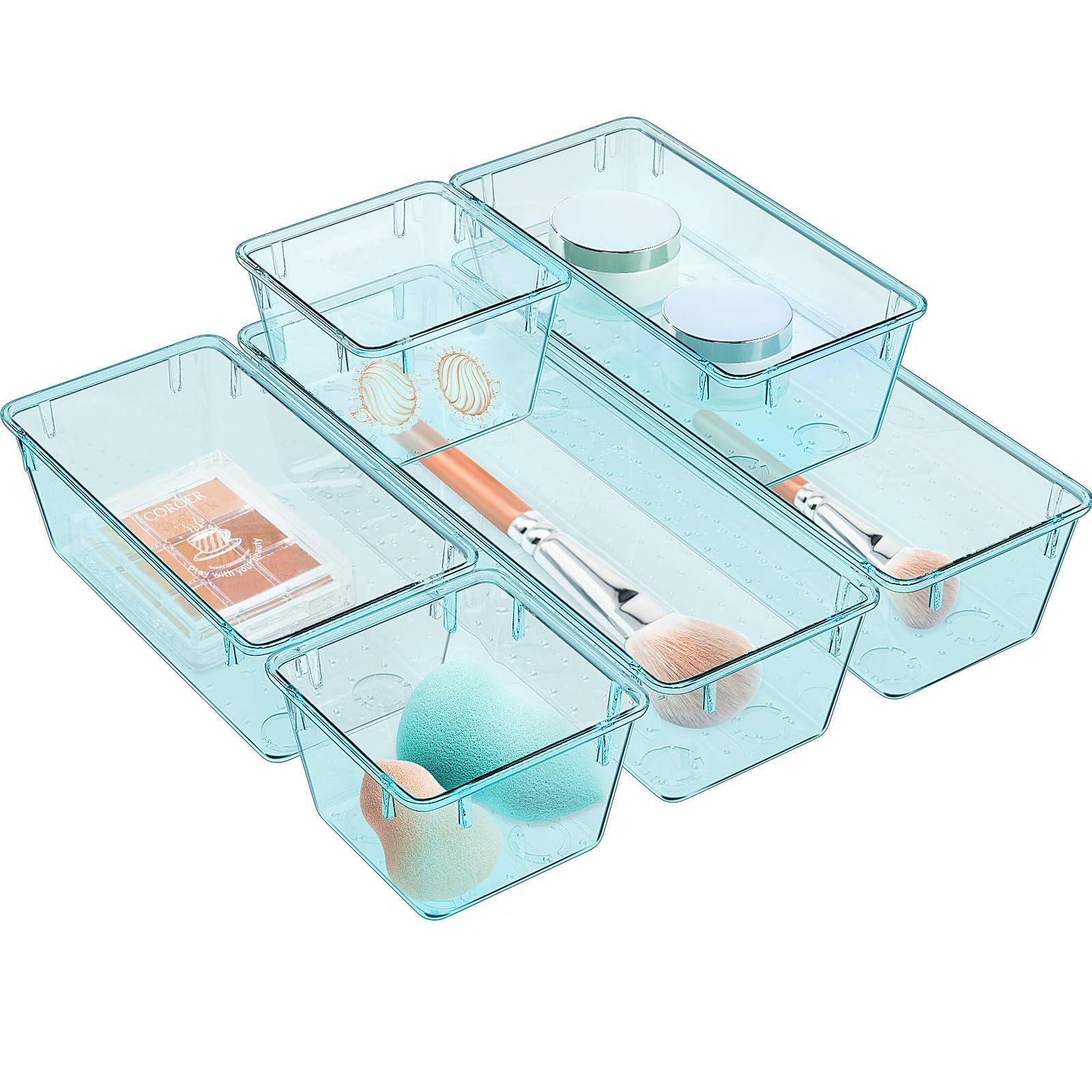 WOWBOX 6 Pack Clear Drawer Organizer Set, Acrylic Drawer Storage Trays, Storage Bins for Makeup, Cosmetics, Jewelries, Utensils, Gadgets, Office, Sea
