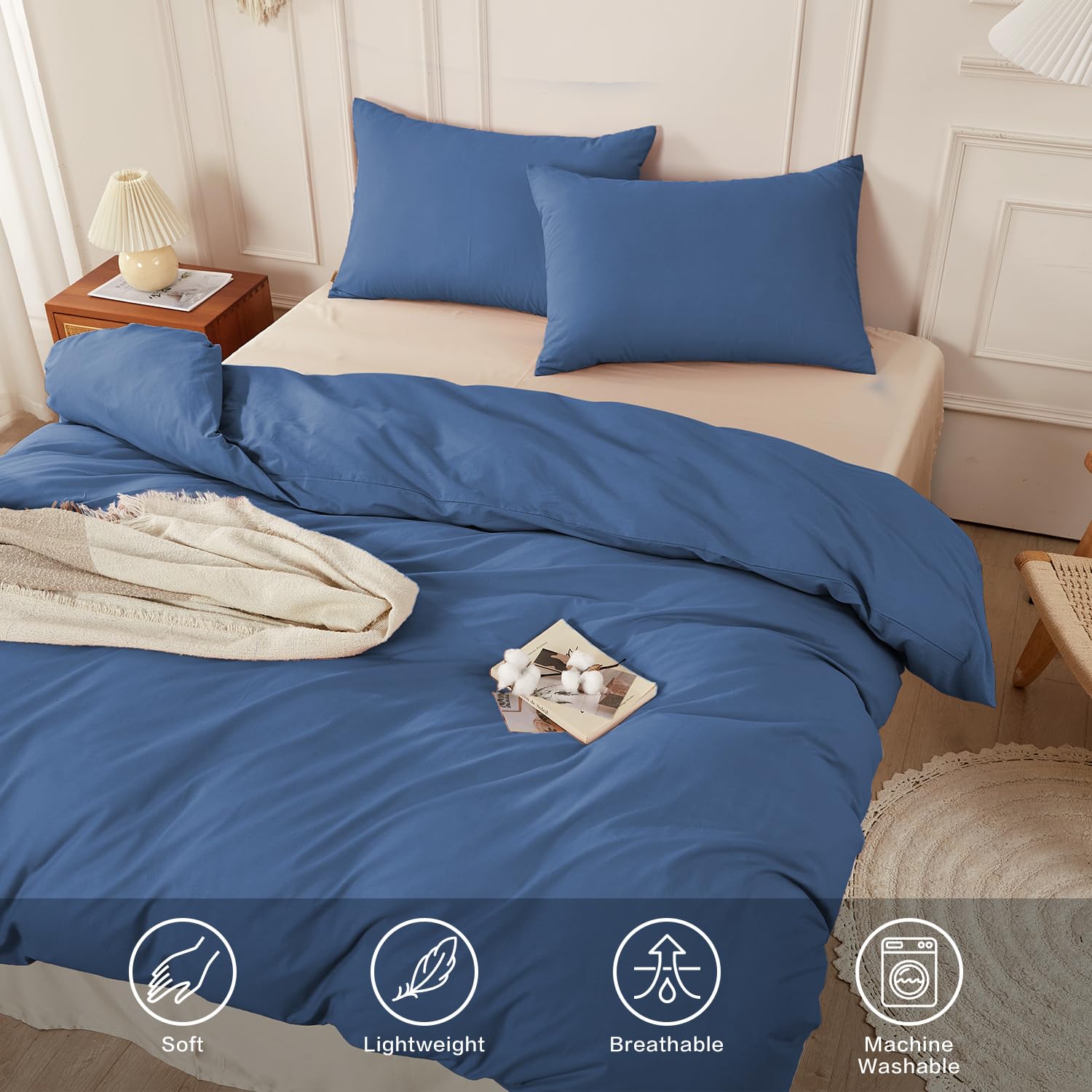 SAPHREAS Navy Blue Duvet Cover Set 100% Washed Cotton Double Size 3Pcs 8 Corner Ties Modern Solid Bedding Soft 1 Duvet Cover with Zipper 2 Pillow Shams - Image 2