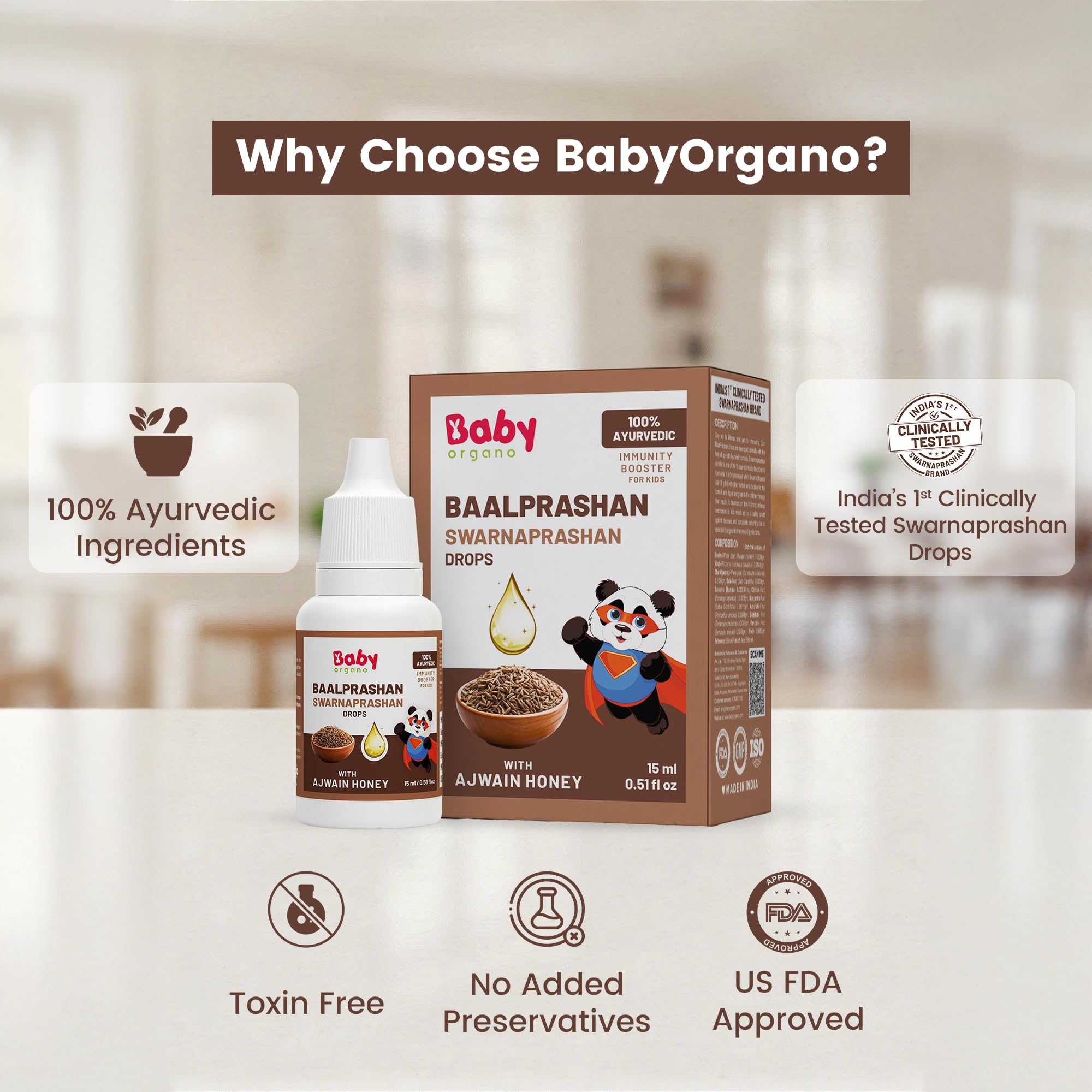 BabyOrgano Swarnaprashan Drops for Kids 0-15 Years | 24CT Swarna Bhasma, Brahmi, Shankhpushpi & Vacha | Clinically Tested Immunity Booster | For Brain & Growth | AYUSH Approved | Ajwain Honey | 15ml (Pack of 1) 1