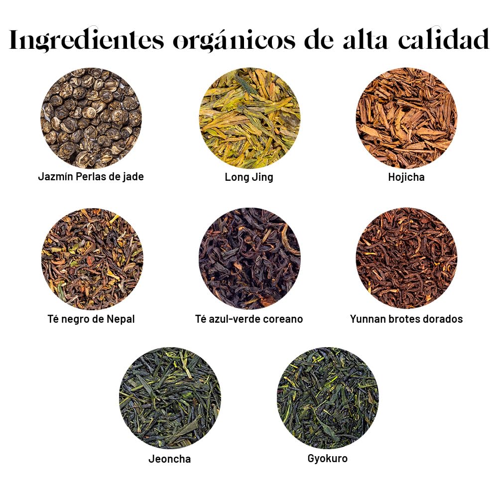 Kusmi Tea - Colección Alain Ducasse - 8 miniaturas de té natural de Asia + cucharilla de té - Surtido de tés orgánicos - Té verde y té negro - Idea de regalo para hombre y mujer - 8 cajas de 25 g