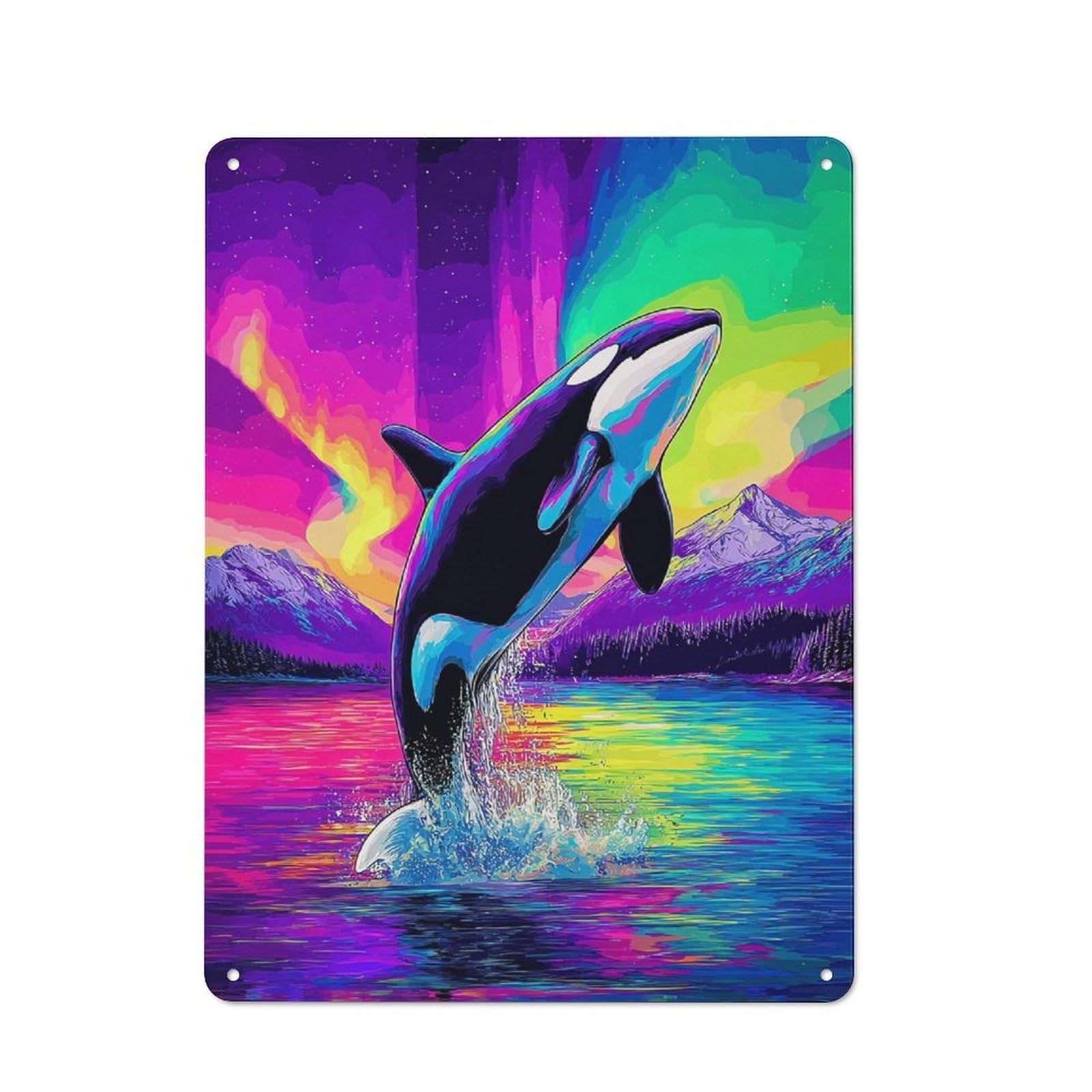 Junmoney Orca Leaping In Rainbow Waters Metal Wall Sign 40X30cm Featuring For Home Bar Wall, New Home Wall Decor For Hosts Who Enjoy Retro Interiors