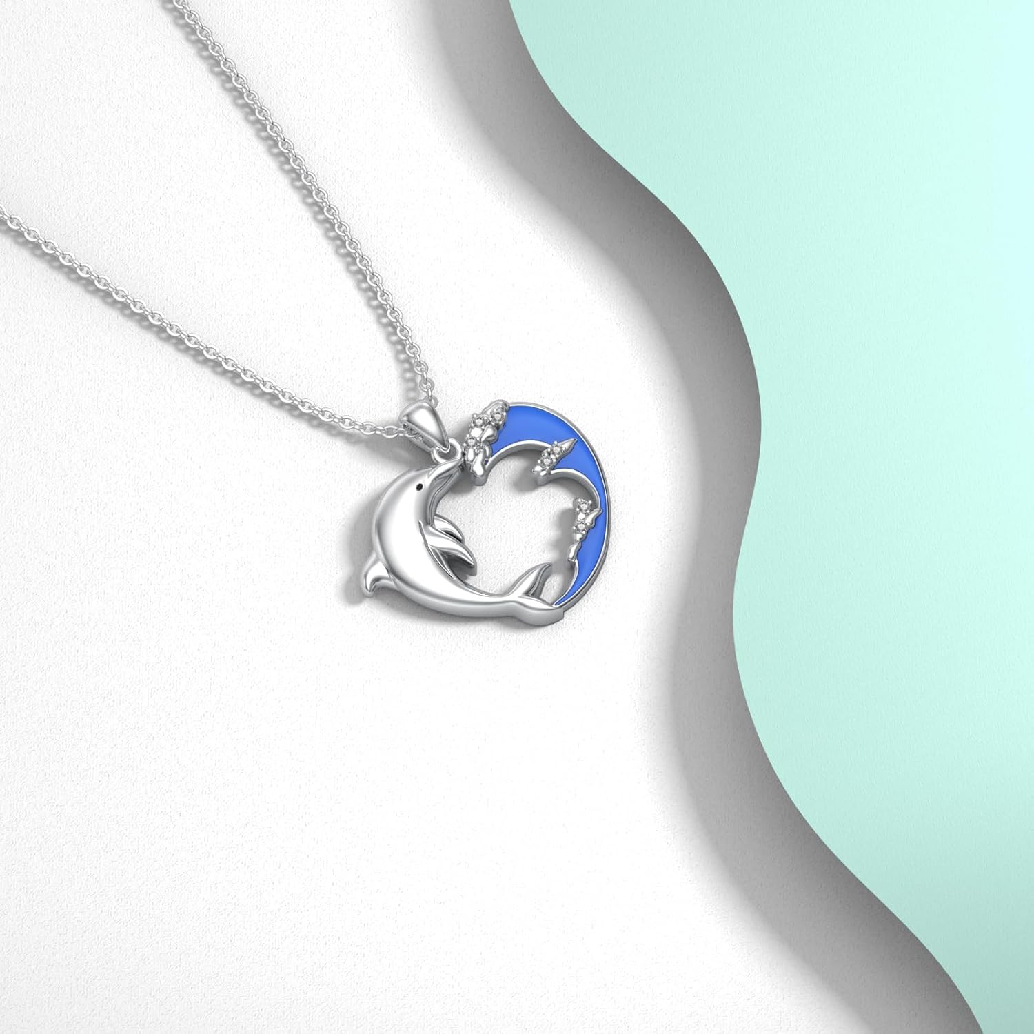 Diamond Wave and Dolphin Pendant Necklace for Women 925 Sterling Silver Lab Grown Diamonds Jewelry Gifts 0.07 cttw D Color VVS Clarity - Image 3