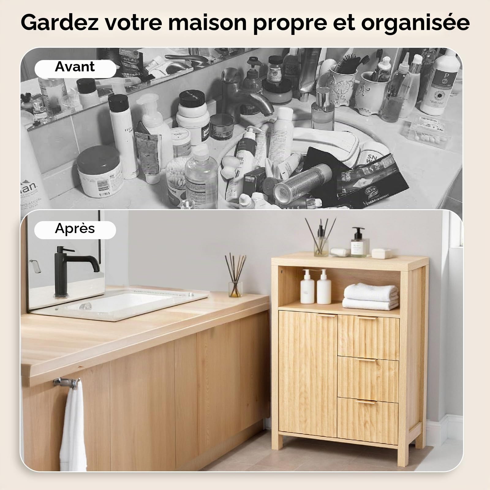 Bonnlo Armoire de salle de bain avec 3 tiroirs, étagères et compartiment ouvert, armoire de rangement striée, pour salon, salle de bain, cuisine, chambre à coucher, 60 x 30 x 80 cm, couleur chêne