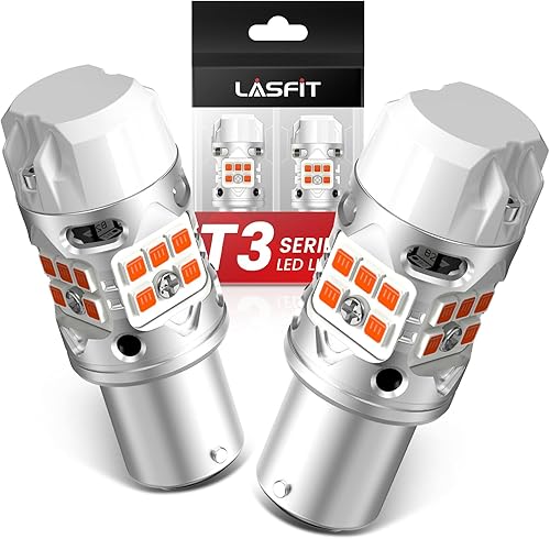 LASFIT Bombilla LED T3 1157 ámbar con resistencia incorporada, bombilla de señal de giro CANBUS sin errores, nuevo 500% brillante parpadeante 2057
