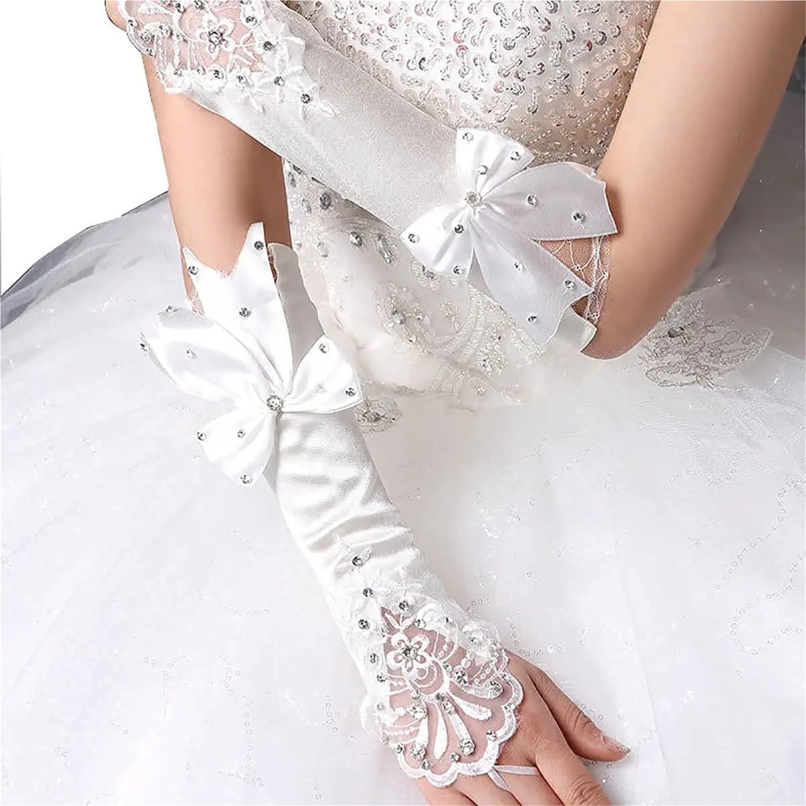 2 paia di guanti da sposa lunghi in raso donna senza dita, fiocco, fiore for accessorio
