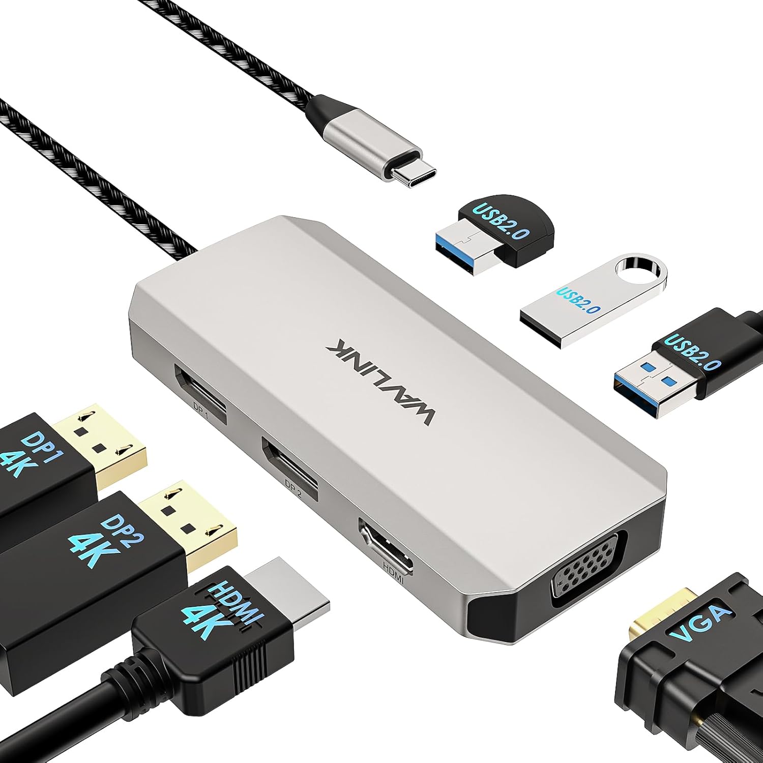 WAVLINK USB C Dock Quad Monitor, 7-in-1 Laptop Docking Station, Multiport Adapter with Dual 4K DP, 4K HDMI, 1080P VGA, 480Mbps USB2.0-A for MacBook, Dell XPS, Lenovo Thinkpad, and HP Laptops