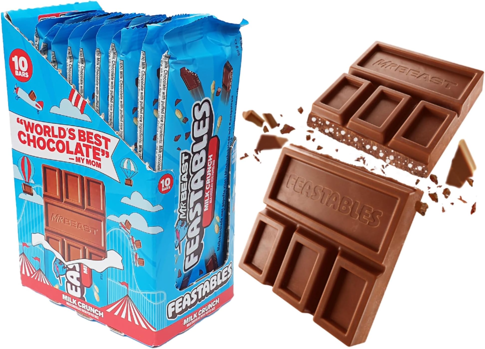 MrBeast Milk Crunch Chocolate Bars with puffed Rice – Pack of 10 (60g Each) – Smooth Milk Chocolate, Perfect for Gifting or Birthday Celebrations