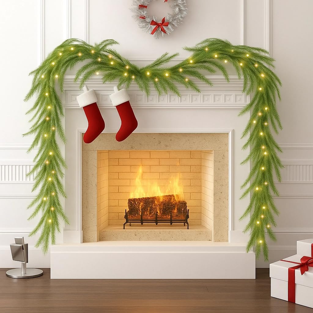 Kidken 2.7M/9FT Christmas Garland with Lights, Light Up Xmas Decoration for Fireplace Stairs,Artificial Wreath with 50 LED Lights and Pine Cones Berries for Home Holiday Decor (9FT PE)