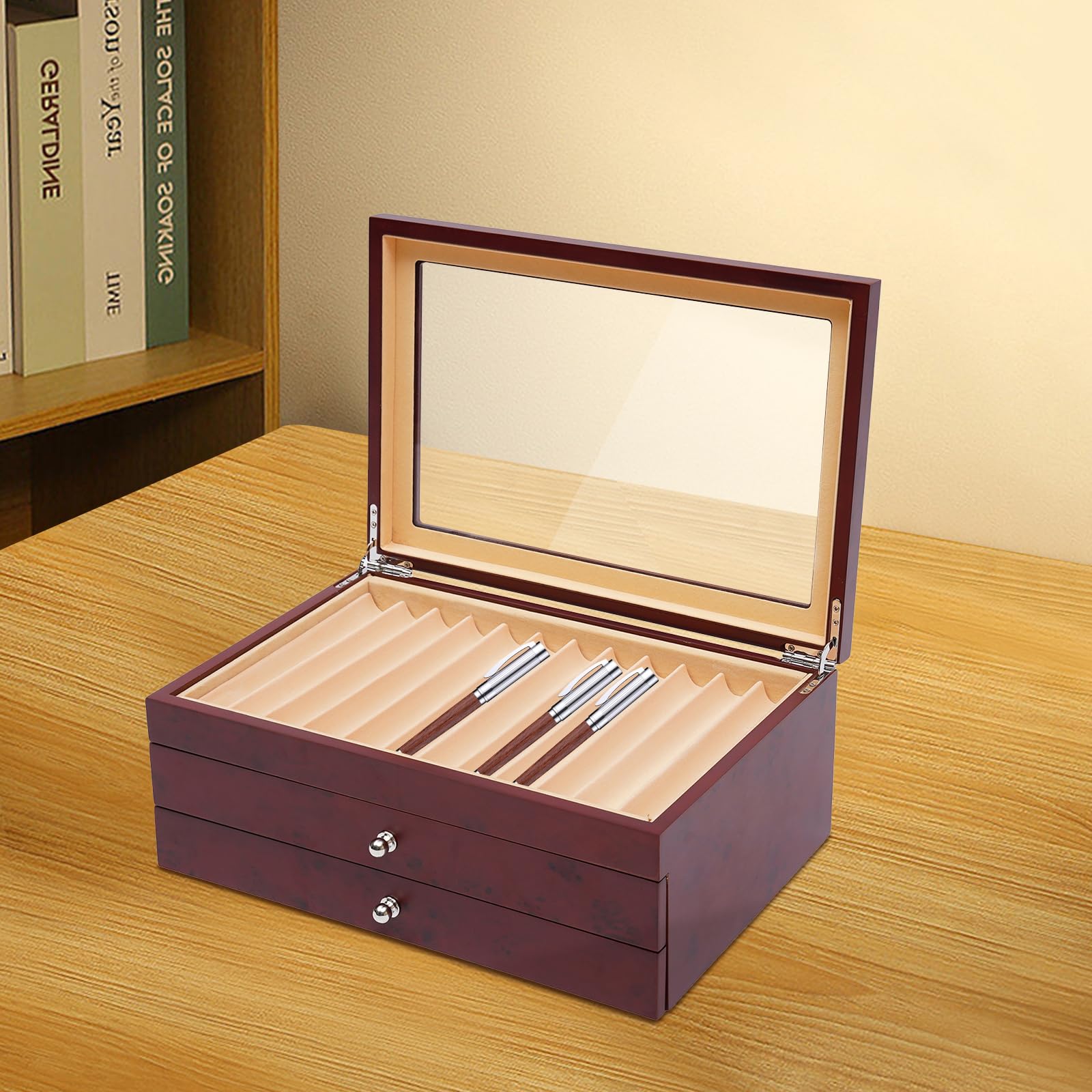 34 slot portapenne, scatola per display con parte superiore trasparente, vetrina a tre livelli, contenitore portapenne, scatola portaoggetti, in legno, 31 x 21 x 12,5 cm, rosso