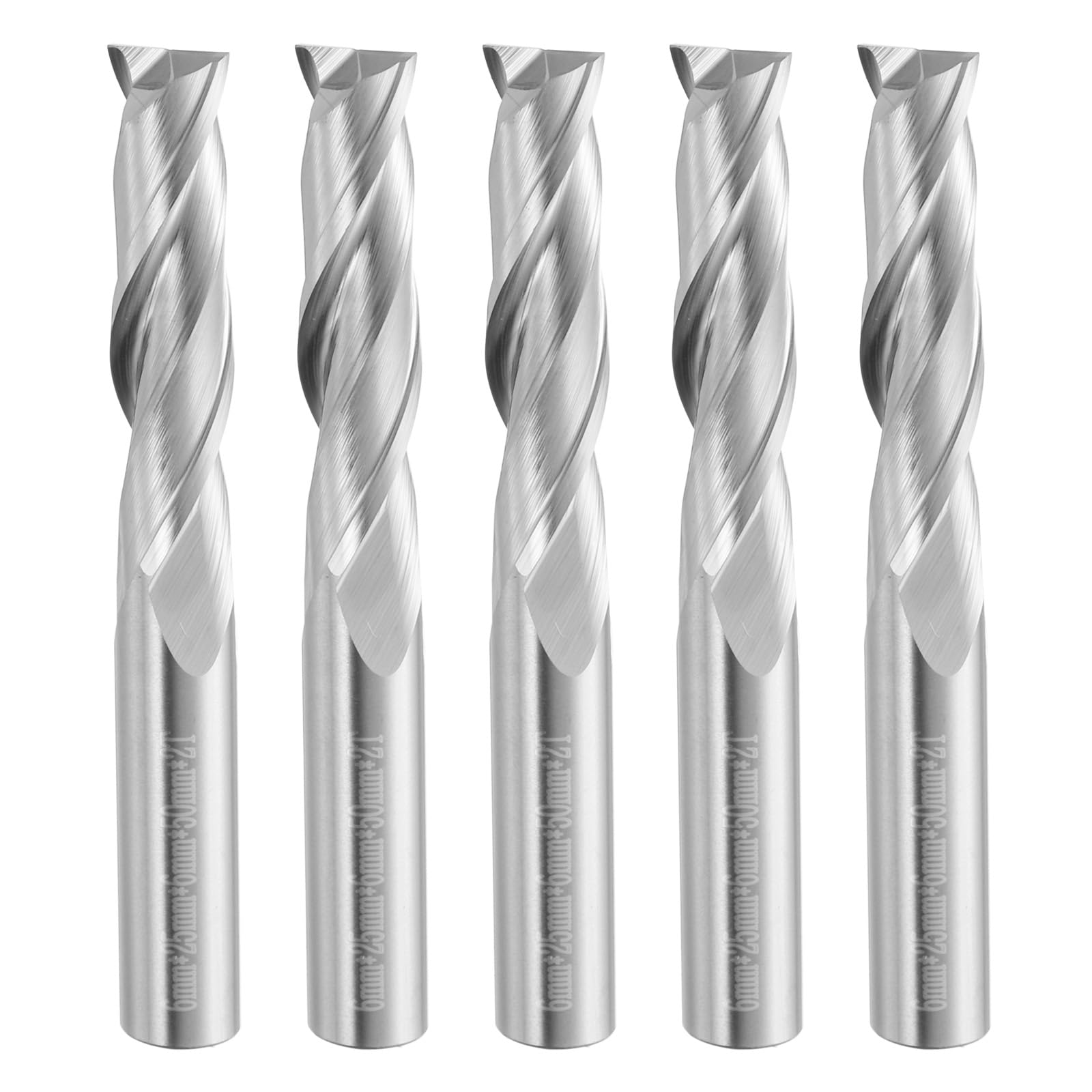 QUARKZMAN 5 Stück Schaftfräser 6mm, Wolframstahl Spiralnutfräser, 2 Flöte CNC Fräser, Silberbeschichtung, Blattlänge 25mm, Gesamtlänge 50mm, Härte 44-46