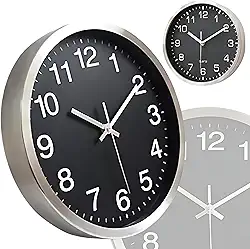 Relógio de Parede Silencioso Prata em Alumínio Decorativo Minimalista Moderno Cozinha Quarto Sala Escritório Redondo Fundo Preto Ponteiro Segundos Contínuo Aço Escovado