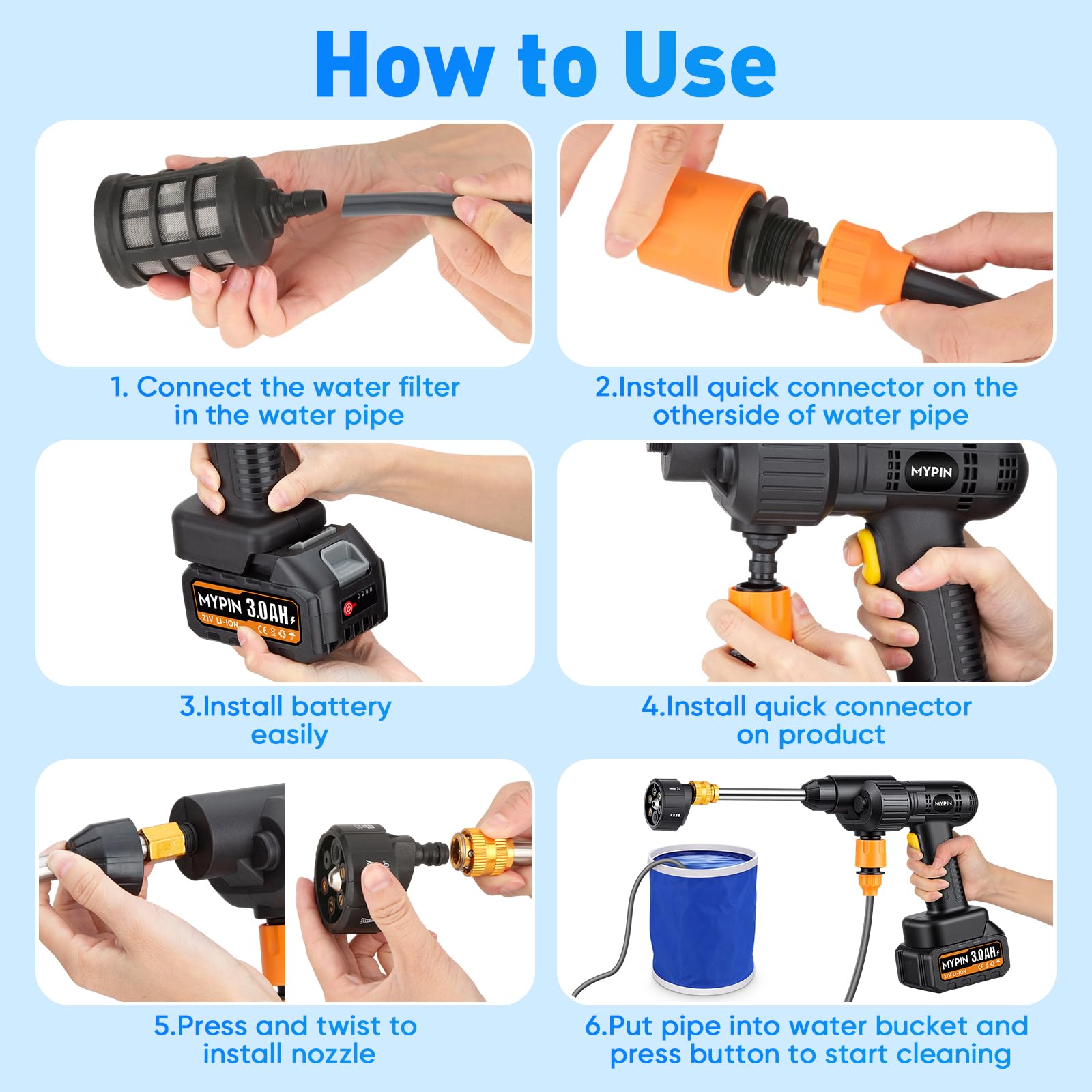 Nettoyeur Haute Pression sans Fil, 600 PSI 21V, Nettoyeur Haute Pression sur Batterie avec 2 Batteries Rechargeables, Buse 6-en-1 et Buses Jet pour Nettoyage Voiture Sol Mur Clôture