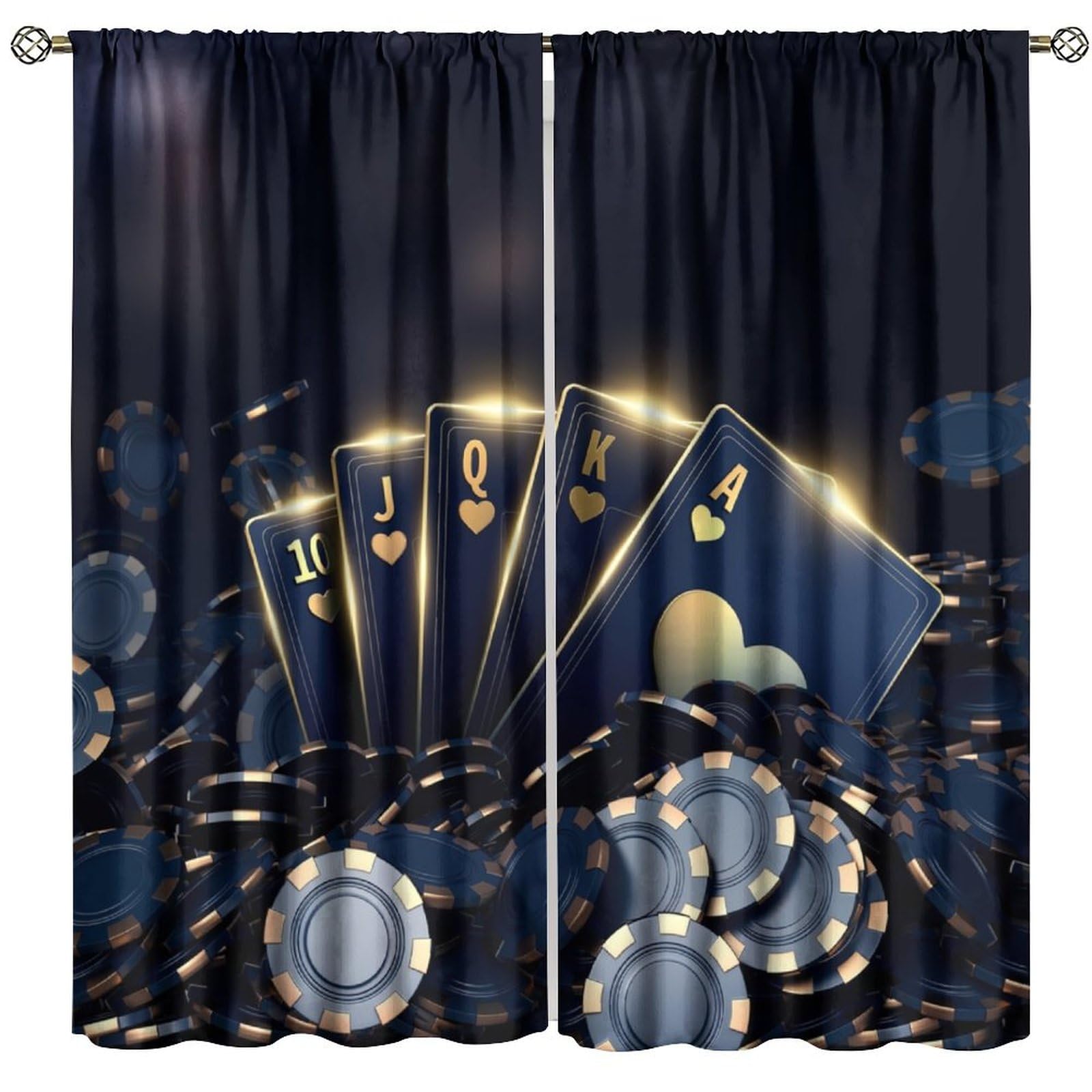 Poker Playing Theme Blackout Curtains Modern Black Gold Playing Cards Art Printed Rod Pocket Window Drapes for Bedroom Living Room Decor Fabric 2