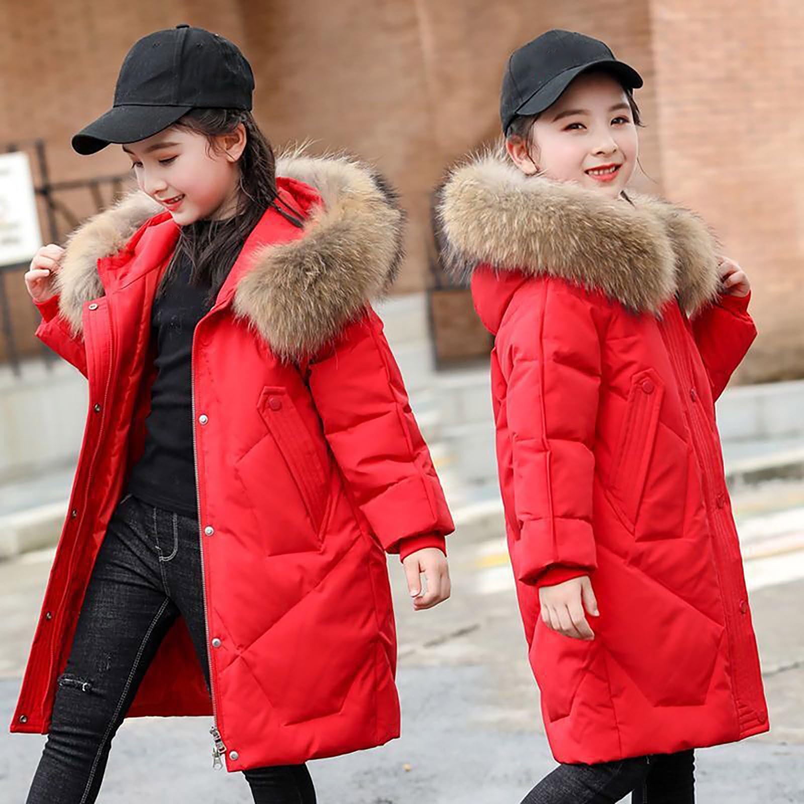 Clearance UK - Abrigos para niñas, abrigo largo de invierno con capucha de piel sintética para niñas pequeñas, chaqueta acolchada con cremallera y capucha, resistente al viento, forro polar