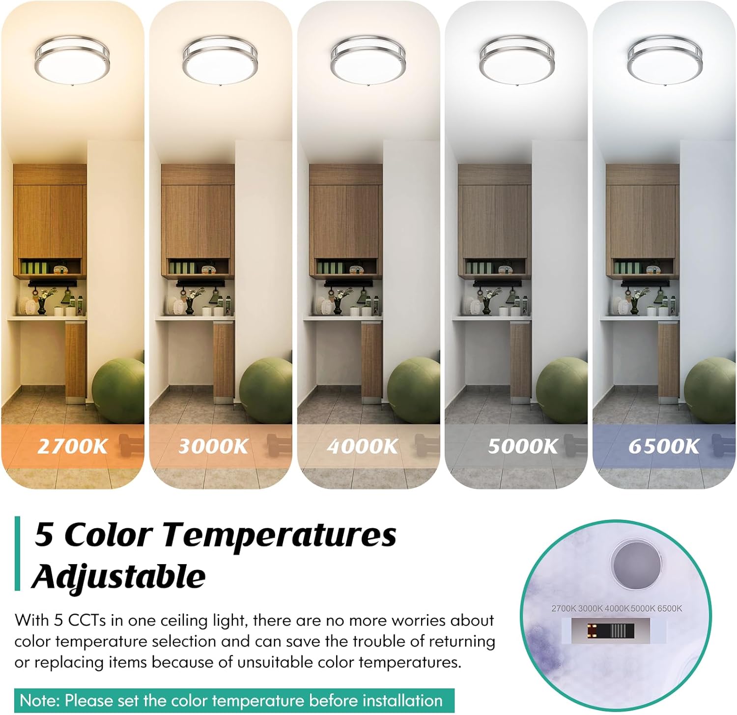 Diagram showing 5 adjustable color temperatures from 2700K to 6500K