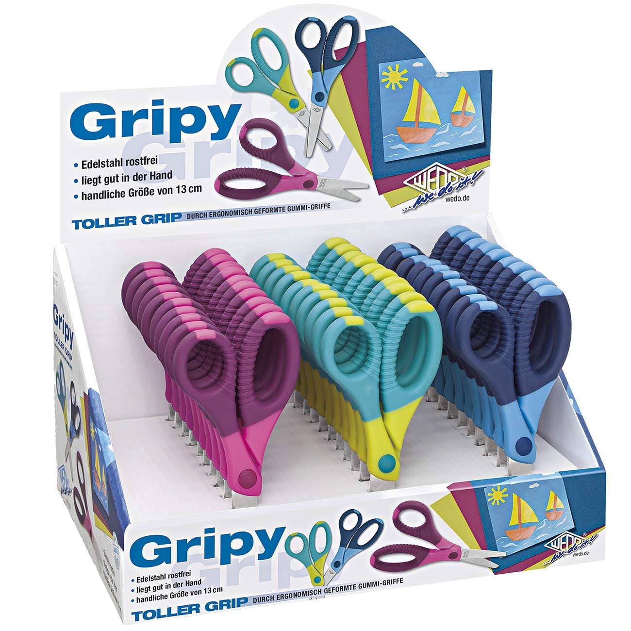 Wedo 771503 Gripy Bastelschere Gripy 13 cm, abgerundete Spitzen, Edelstahl rostfrei Ergonomische Gummi Griffe, Blau