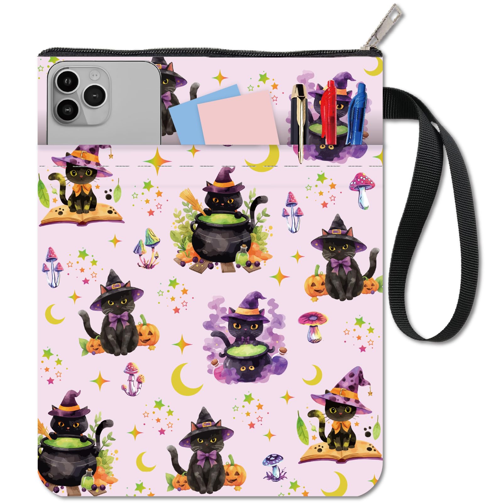 CRASPIRE Black Cat Book Sleeve Halloween Book Covers Stars Book Protector for Paperbacks Washable Fabric Cloth Book Cover with Zipper and Extra Sleeve