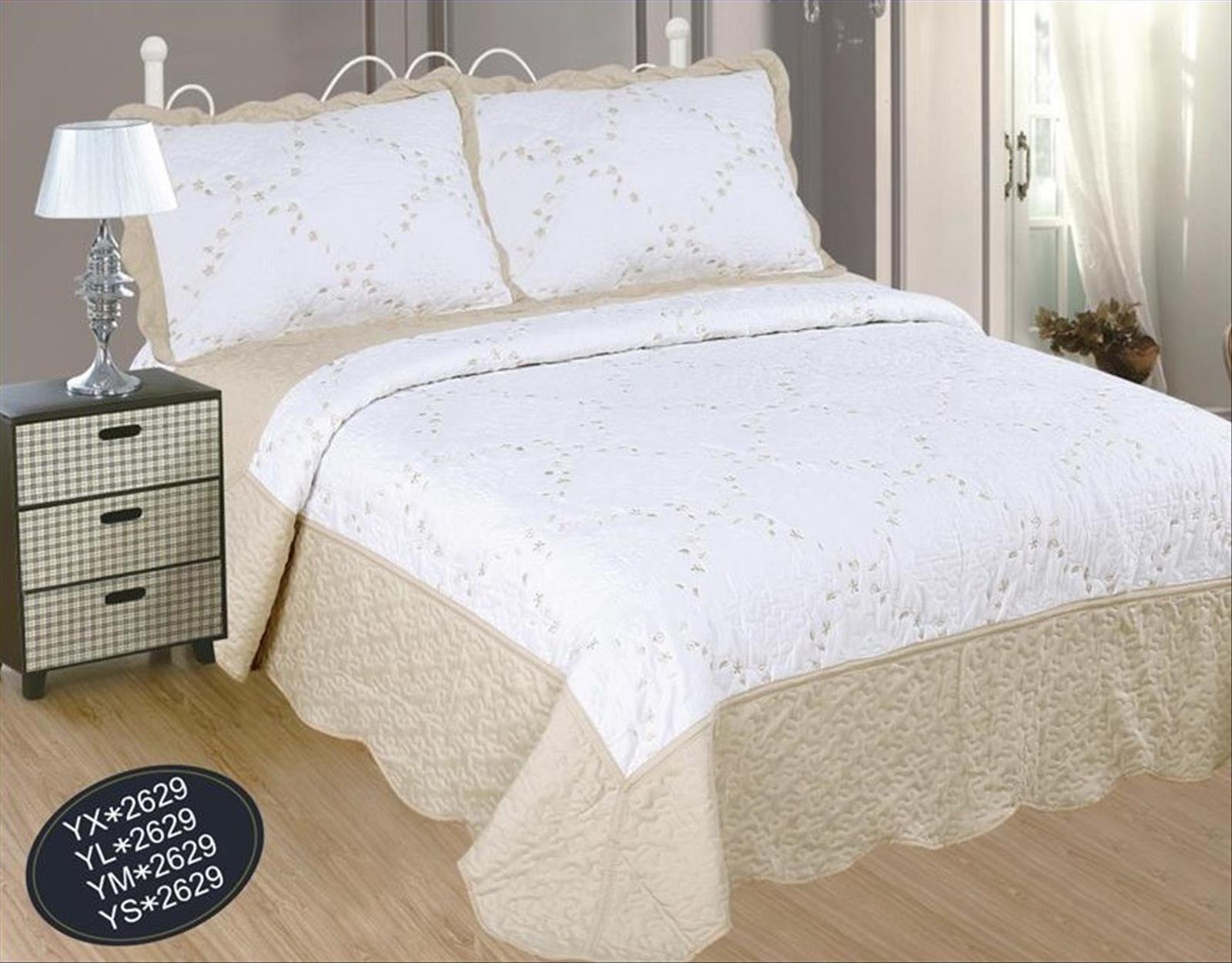 ForenTex- Colcha Boutí Cosida y Bordada, (YL*2629), Cama 150 cm, 250 x 270 cm, Crema, +2 Fundas cojín 50 x 70 cm