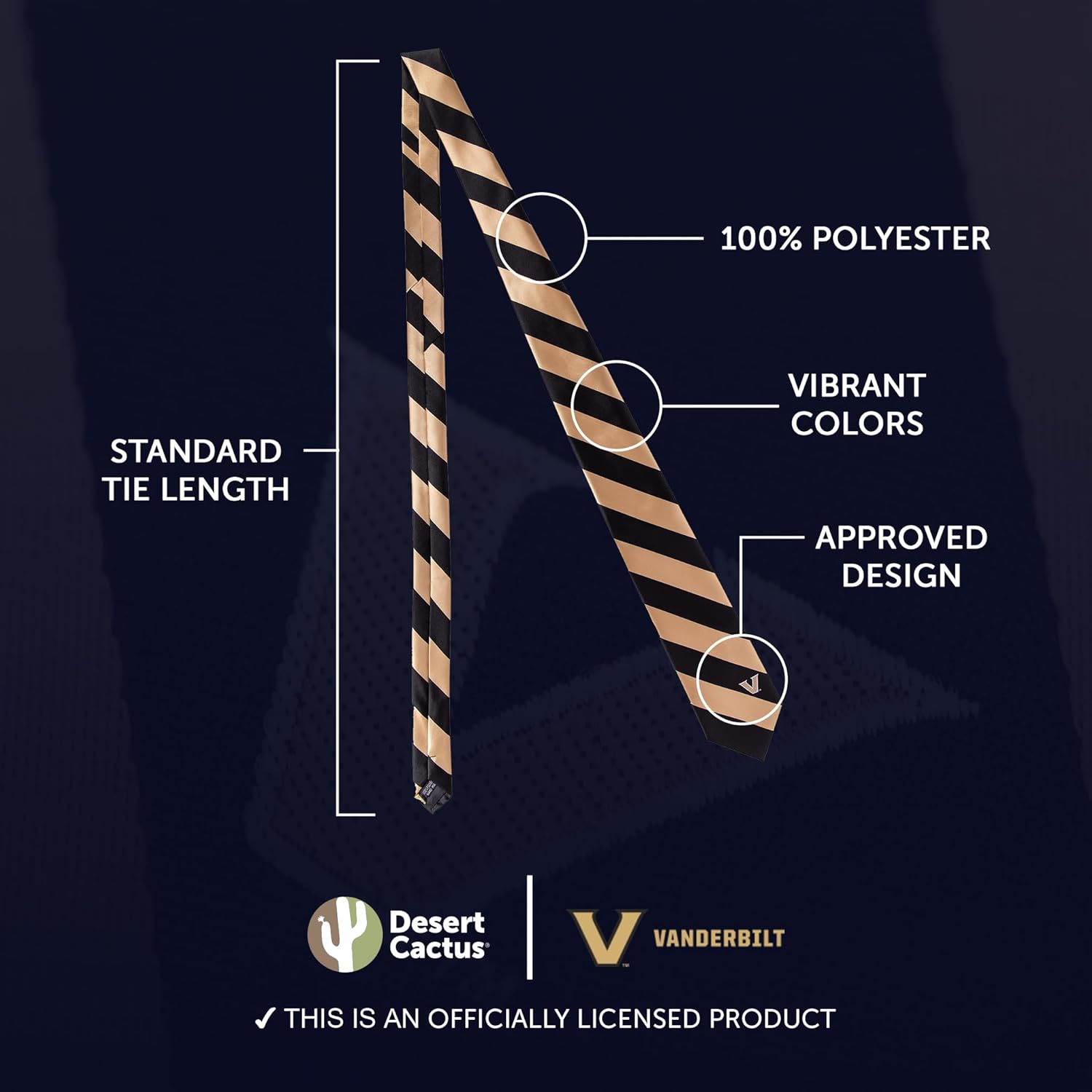 Desert Cactus Vanderbilt University Neck Tie Vandy Commodores 100% Polyester Necktie with Logo, Officially Licensed - Image 3